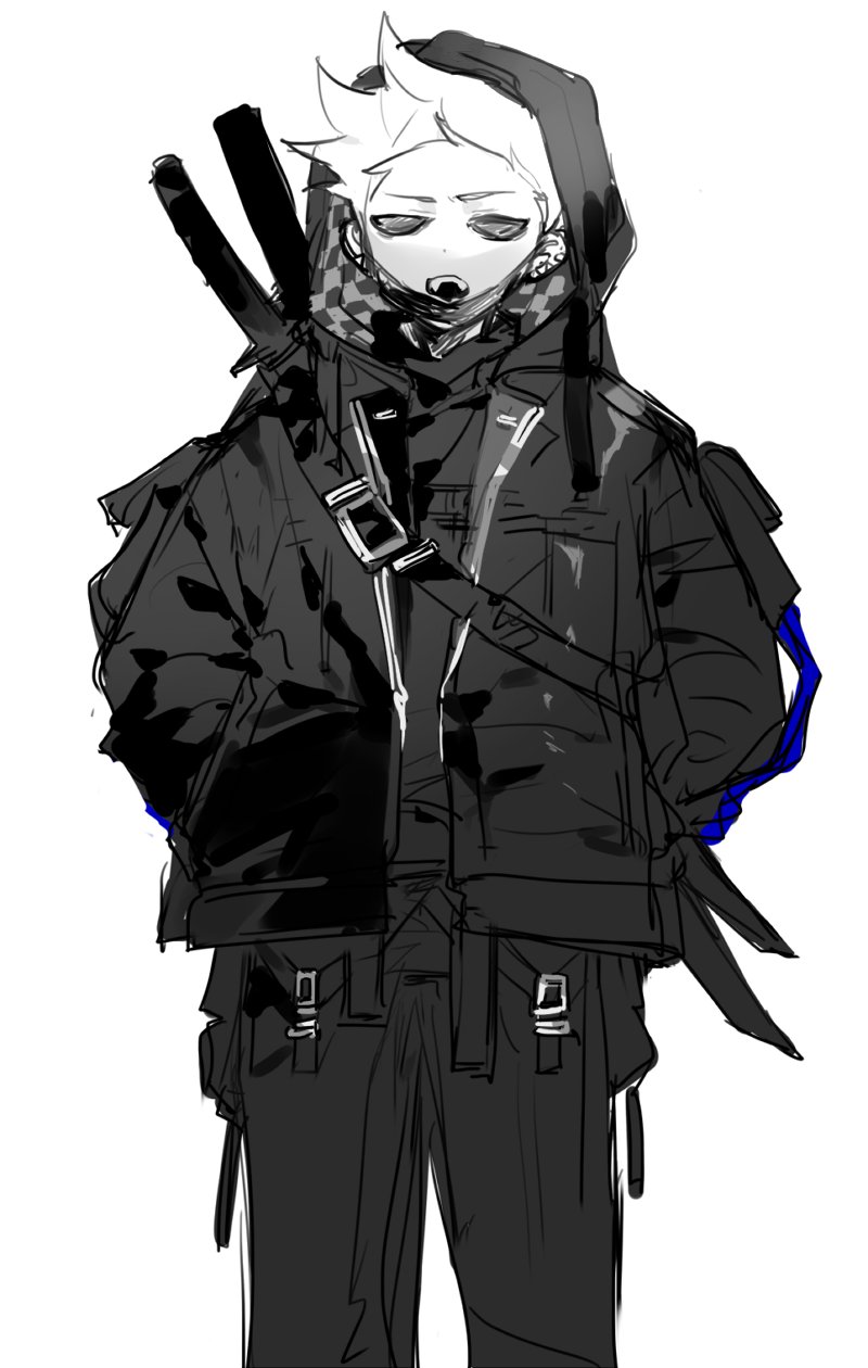 nana (ebitokanimiso), tom (eddsworld), eddsworld, bad id, bad twitter id, highres, inactive account, painttool sai (medium), 1boy, alternate costume, animification, cowboy shot, hands in pockets, hollow eyes, hood, hood up, jacket, jitome, katana, long sleeves, male focus, mask, monochrome, mouth mask, open clothes, open jacket, open mouth, pants, short hair, shoulder strap, simple background, sketch, solo, spiked hair, standing, strap, sword, sword on back, techwear, weapon, weapon on back, white background