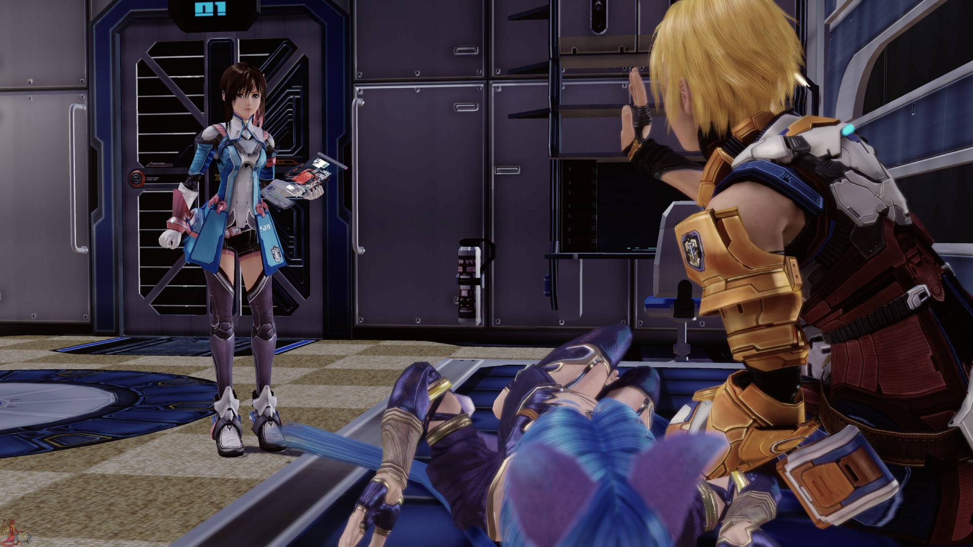 edge maverick, meracle chamlotte, saionji reimi, star ocean, star ocean: the last hope, anime screenshot, highres, 3d, animal ears, bare shoulders, barefoot, belt, blonde hair, brown eyes, brown hair, cat ears, cat tail, feet, fingerless gloves, gloves, green eyes, jewelry, long hair, lying, ponytail, ribbon, sexually suggestive, shorts, standing, tail, thighhighs, toeless legwear, toes, walk-in