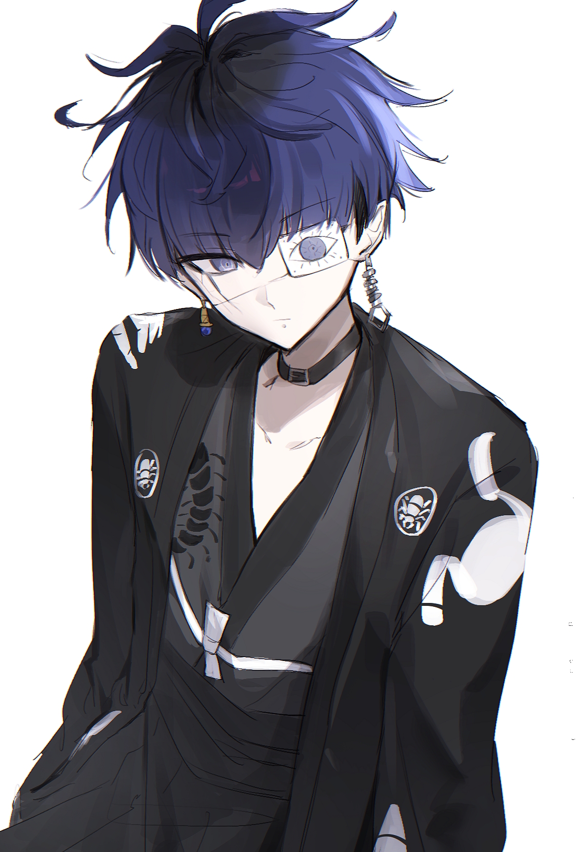 omokage yugamu, the hundred line -last defense academy-, highres, 1boy, belt collar, black collar, black hair, black hakama, black haori, black kimono, blue eyes, blue hair, chin piercing, closed mouth, collar, collarbone, cowboy shot, earrings, expressionless, eyepatch, face piercing, facepaint, fishicon, hair between eyes, hakama, haori, japanese clothes, jewelry, kimono, long sleeves, male focus, mismatched earrings, multicolored hair, piercing, print eyepatch, print haori, roots (hair), short hair, simple background, solo, two-tone hair, white background
