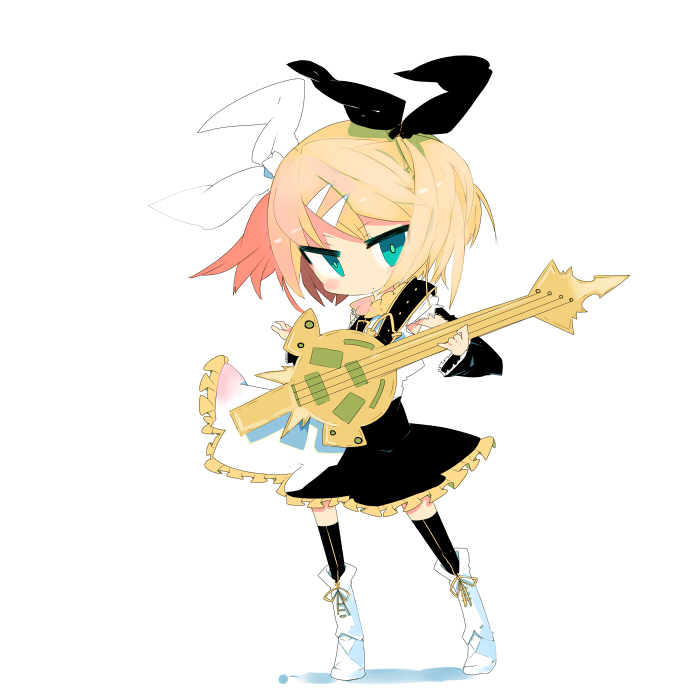 kanikama, kagamine rin, kagamine rin (reactor), roshin yuukai (vocaloid), vocaloid, 1girl, aqua eyes, bass guitar, blonde hair, boots, detached sleeves, dress, female focus, full body, guitar, hair ornament, hair ribbon, hairclip, instrument, long hair, ribbon, simple background, solo, standing, thighhighs, twintails, white background