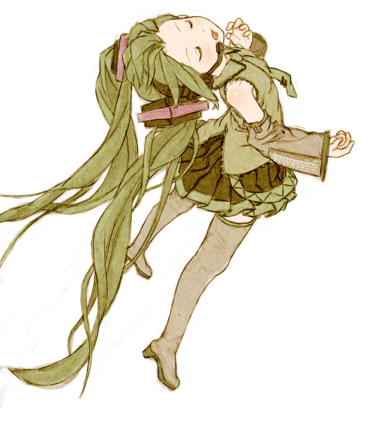 feral lemma, hatsune miku, vocaloid, highres, 1girl, boots, closed eyes, detached sleeves, female focus, full body, green hair, headphones, headset, legs, long hair, necktie, simple background, skirt, smile, solo, thigh boots, thighhighs, twintails, very long hair, white background, zettai ryouiki