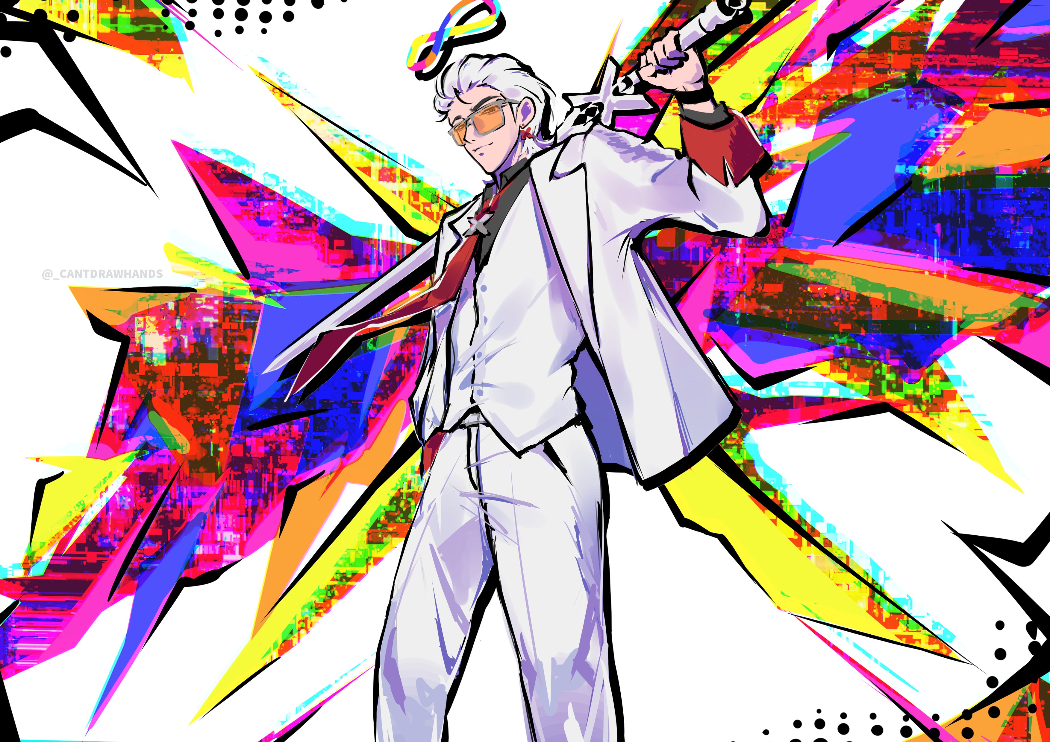 cantdrawhands, x (to be hero x), to be hero, to be hero x, absurdres, highres, 1boy, black shirt, coat, contrapposto, distortion, hair slicked back, halo, hand in pocket, holding, holding sword, holding weapon, infinity symbol, looking at viewer, male focus, mullet, necktie, orange-tinted eyewear, over shoulder, red necktie, saturated, shirt, smirk, solo, sword, sword over shoulder, tinted eyewear, vest, weapon, weapon over shoulder, white coat, white hair, white vest, x (symbol)