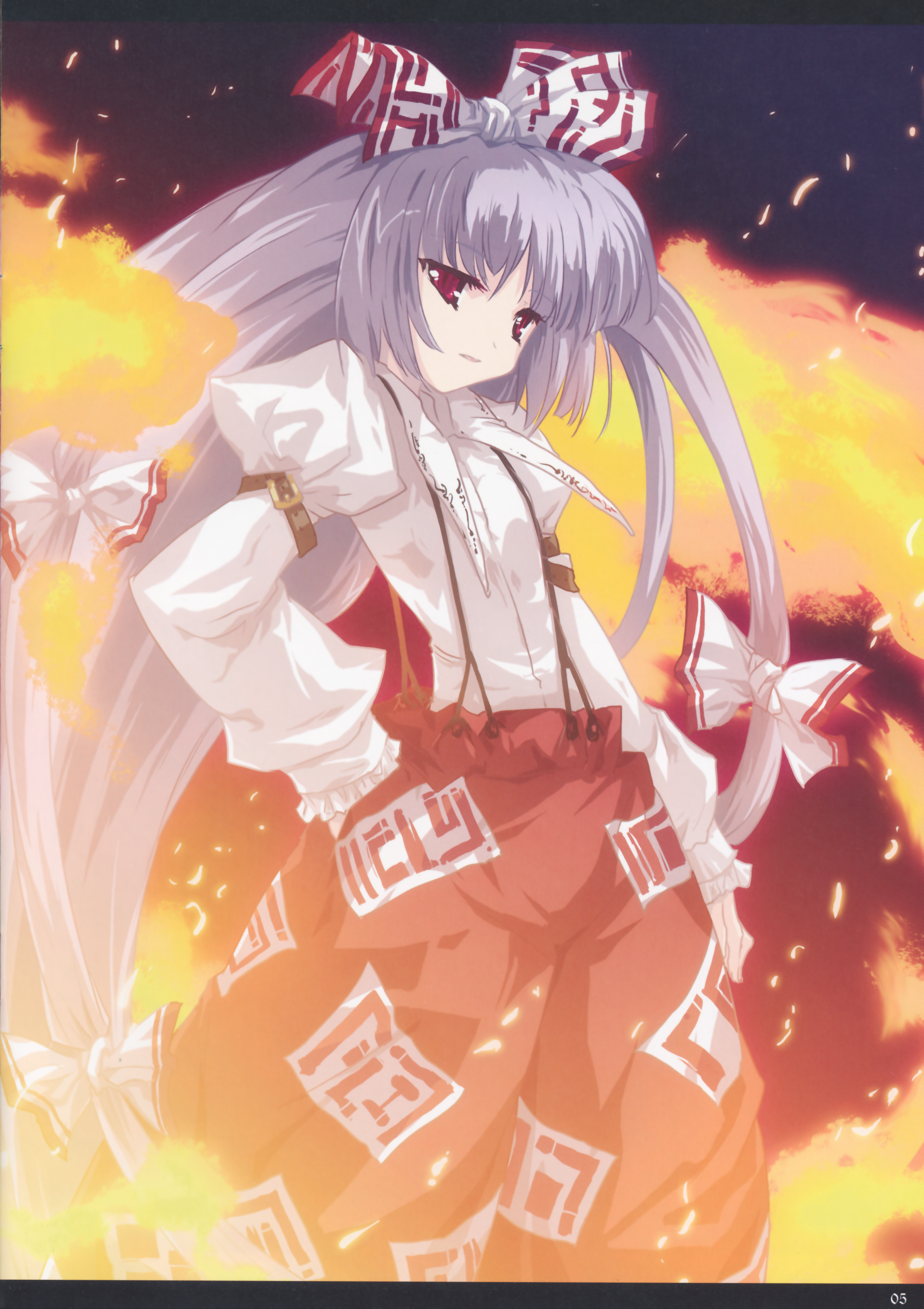 tokiame, fujiwara no mokou, touhou, silver hair, absurdres, highres, huge filesize, 1girl, bow, female focus, fire, hair bow, hair ribbon, long hair, multiple hair bows, red eyes, ribbon, solo, standing, suspenders