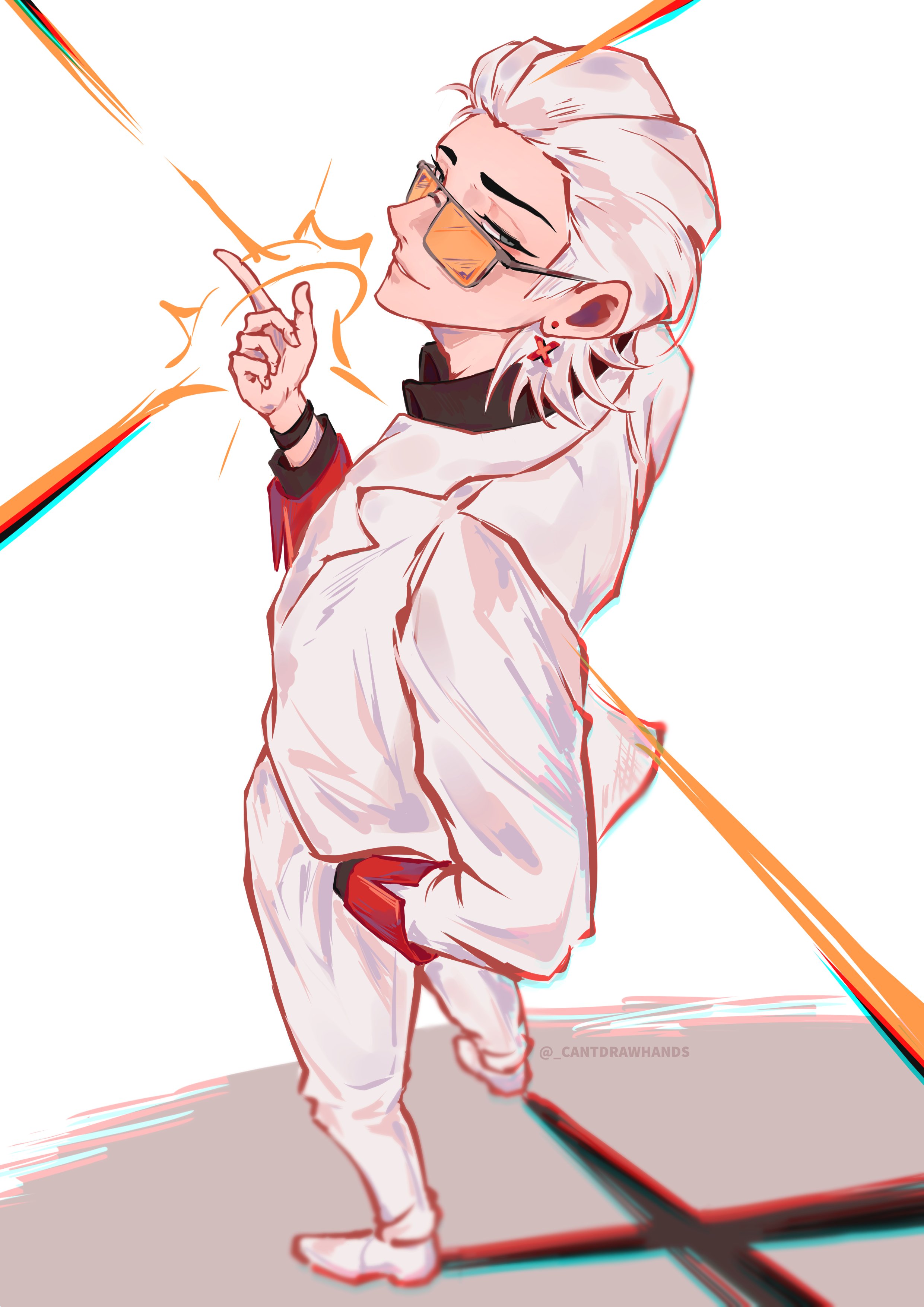 cantdrawhands, x (to be hero x), to be hero, to be hero x, absurdres, highres, black shirt, chromatic aberration, coat, collared shirt, different shadow, full body, hair slicked back, hand up, hands in pockets, looking at viewer, looking back, mullet, orange-tinted eyewear, shirt, smirk, snapping fingers, tinted eyewear, white coat, white hair