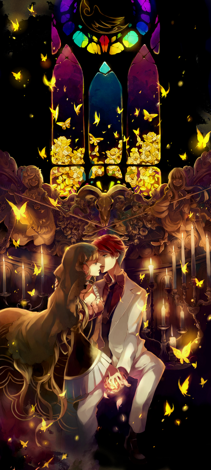 ayko, oono eiko, beatrice (umineko), frederica bernkastel, lambdadelta, ushiromiya battler, umineko no naku koro ni, bad id, bad pixiv id, highres, 00s, 1boy, 1girl, blonde hair, blue eyes, bug, butterfly, candle, choker, dress, flower, formal clothes, frills, insect, jacket, long hair, necktie, red hair, rose, skull