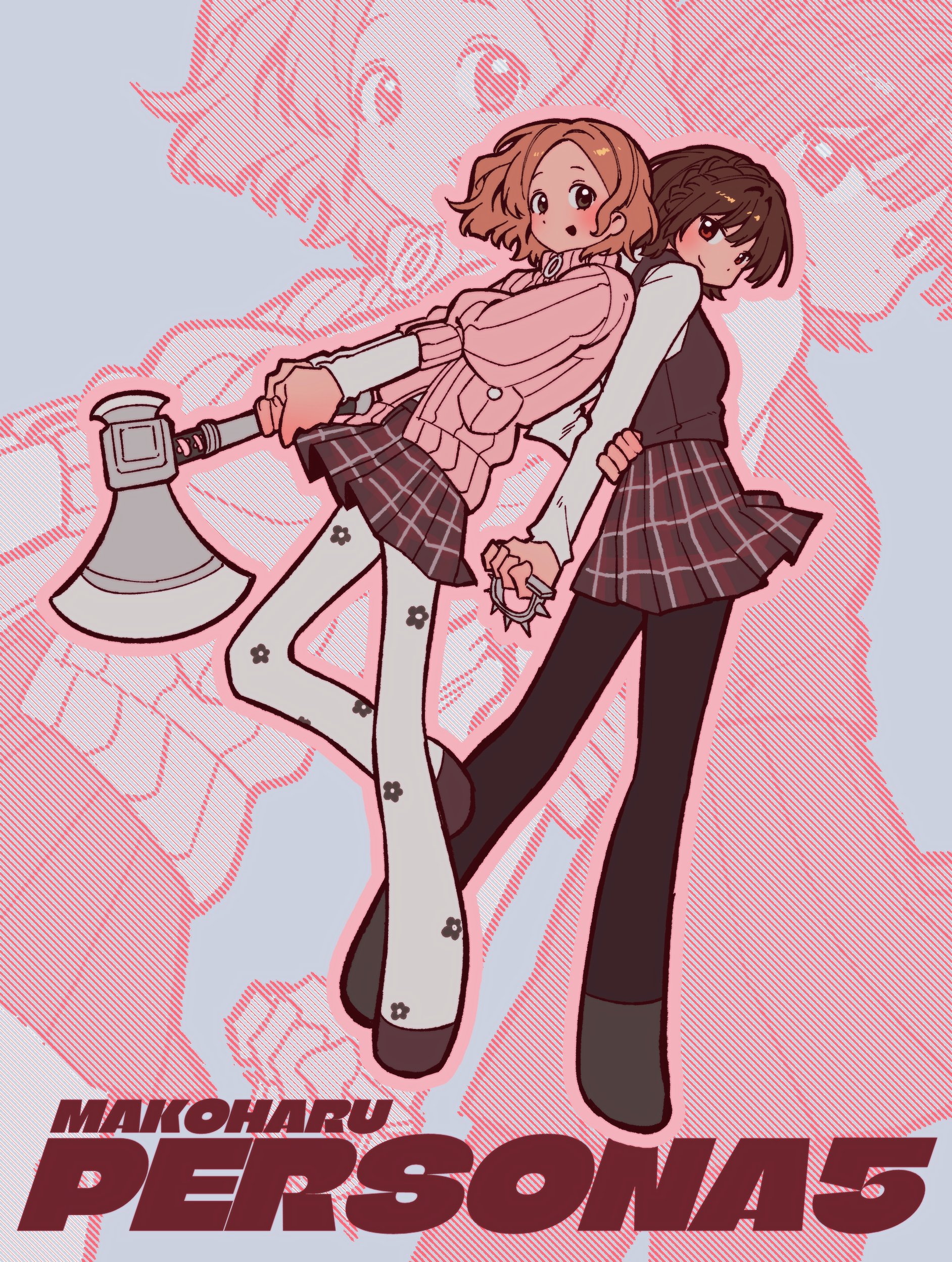 niijima makoto, okumura haru, persona, persona 5, absurdres, highres, 2girls, arms behind back, axe, black pantyhose, black vest, braid, brass knuckles, breasts, brown eyes, brown hair, cardigan, closed mouth, copyright name, ddunnaaaaa, floral print pantyhose, full body, holding, holding axe, medium breasts, multiple girls, pantyhose, parted bangs, parted lips, pink cardigan, plaid clothes, plaid skirt, pleated skirt, red eyes, ribbed cardigan, ship name, shirt, short hair, side braid, skirt, smile, vest, weapon, white shirt