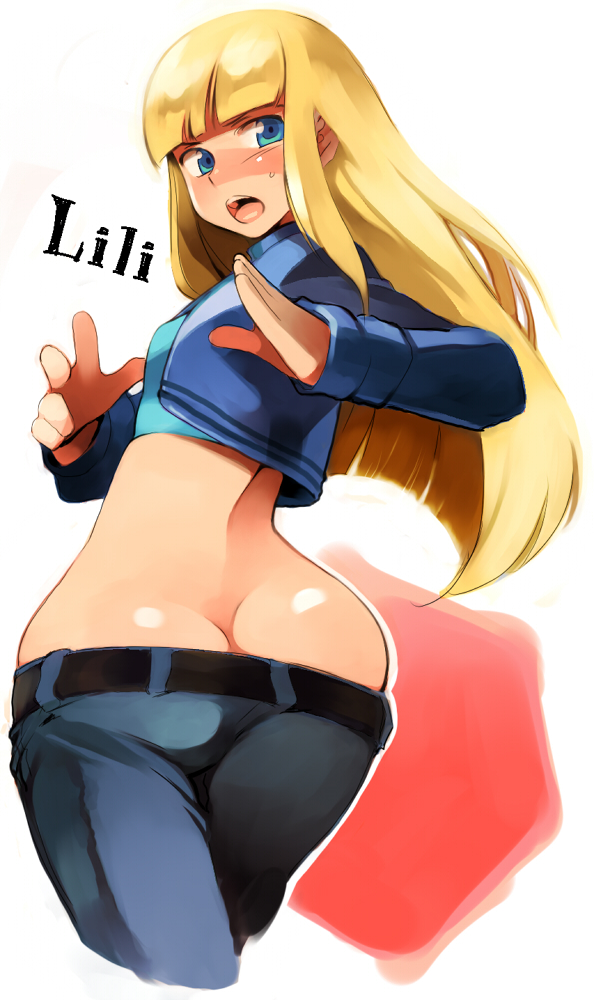 heisa, emilie de rochefort, tekken, bad id, bad pixiv id, 1girl, ass, blonde hair, blue eyes, blush, butt crack, character name, female focus, flat chest, hip focus, huge ass, long hair, looking back, solo, wide hips
