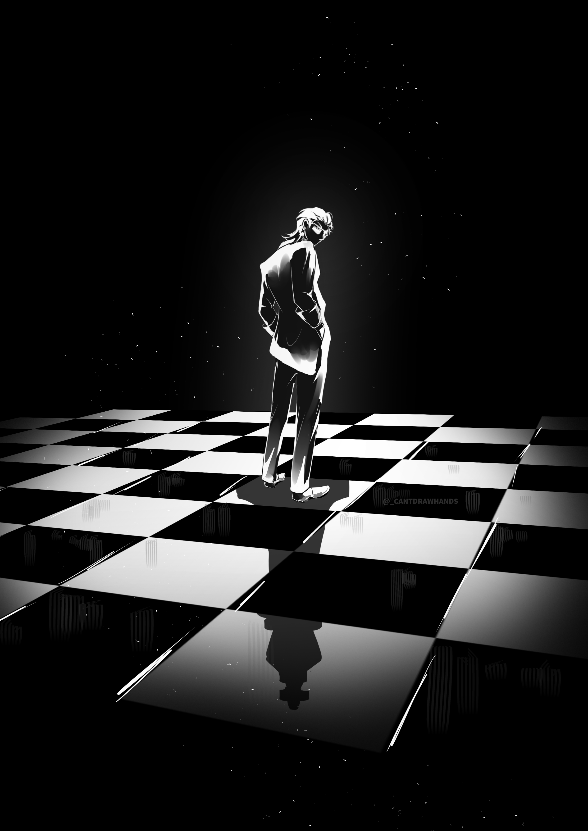 cantdrawhands, x (to be hero x), to be hero, to be hero x, absurdres, highres, 1boy, checkered floor, chess piece, coat, different shadow, full body, glowing, greyscale, hair slicked back, hands in pockets, king (chess), light particles, looking at viewer, looking back, monochrome, mullet, solo, standing, white hair