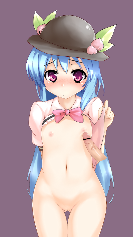 terazip, hinanawi tenshi, touhou, bad id, bad pixiv id, 1boy, 1girl, :/, blue hair, blush, bottomless, breasts, censored, cleft of venus, disembodied penis, flat chest, food, fruit, hat, hetero, loli, naizuri, paizuri, peach, penis, pink eyes, pointless censoring, pussy, simple background, solo, solo focus, thigh gap