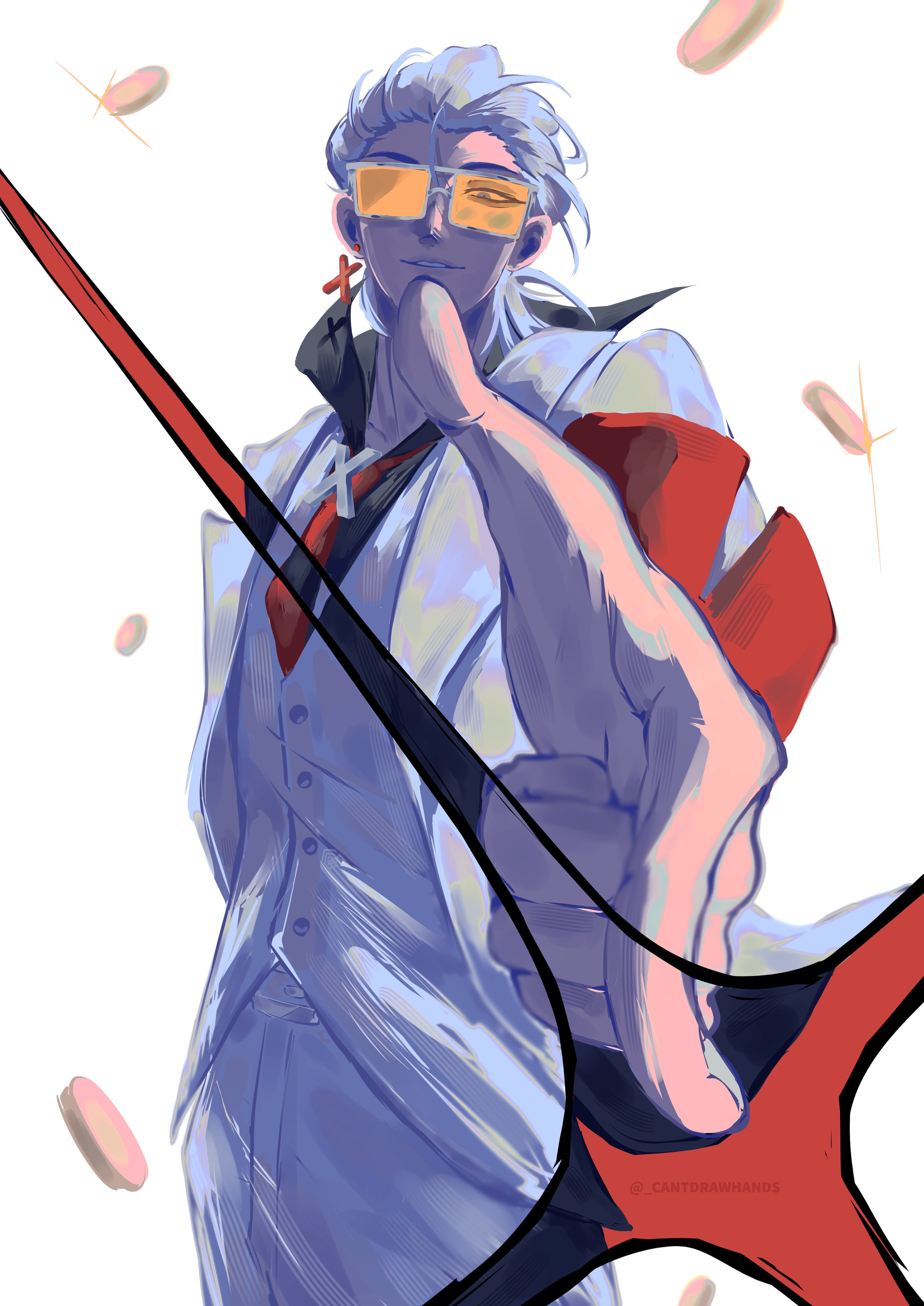 cantdrawhands, x (to be hero x), to be hero, to be hero x, absurdres, commentary, english commentary, highres, 1boy, black shirt, coat, coin, cowboy shot, grin, hair slicked back, hand in pocket, looking at viewer, male focus, mullet, necktie, one eye covered, orange-tinted eyewear, red necktie, revealing layer, shirt, smile, snapping fingers, solo, tinted eyewear, vest, white coat, white hair, white vest