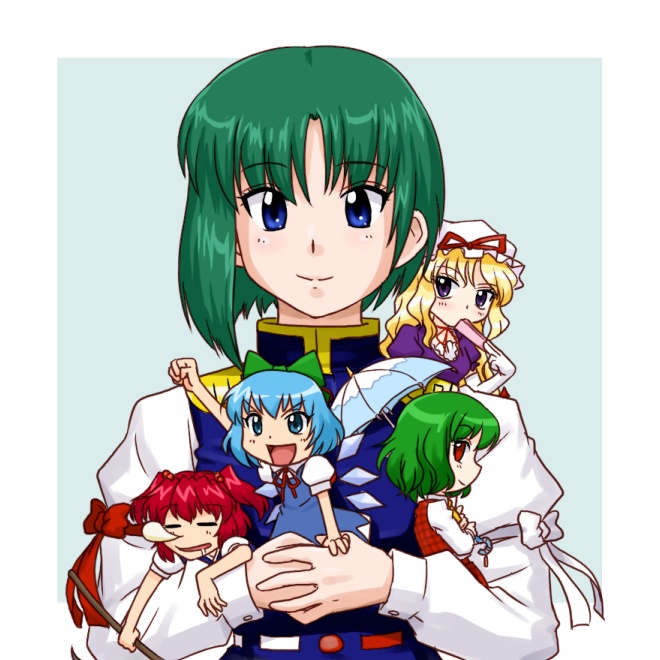 supon, cirno, kazami yuuka, onozuka komachi, shiki eiki, yakumo yukari, touhou, 5girls, ascot, blonde hair, blue eyes, blue hair, bow, elbow gloves, folded fan, folding fan, gloves, green hair, hand fan, hat, long hair, mini person, minigirl, multiple girls, plaid clothes, plaid skirt, plaid vest, purple eyes, red eyes, red hair, short hair, skirt, skirt set, sleeping, twintails, two side up, umbrella, vest, wings