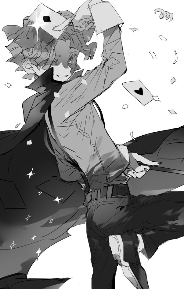 nana (ebitokanimiso), cinnamon cookie, cookie run, cookie run: ovenbreak, bad id, bad twitter id, inactive account, painttool sai (medium), 1boy, cape, card, confetti, cowboy shot, greyscale, holding, holding card, holding wand, humanization, long sleeves, looking at viewer, magician, male focus, monochrome, one eye closed, pants, playing card, shoes, short hair, simple background, sketch, solo, standing, standing on one leg, suspenders, wand, white background