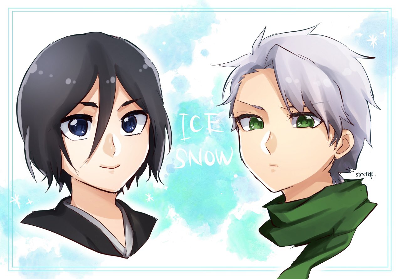 1046sstep btoh, hitsugaya toushirou, kuchiki rukia, bleach, bleach: sennen kessen-hen, commentary request, 1boy, 1girl, black hair, blue eyes, green eyes, green scarf, grey hair, hair between eyes, scarf, short hair, signature, smile