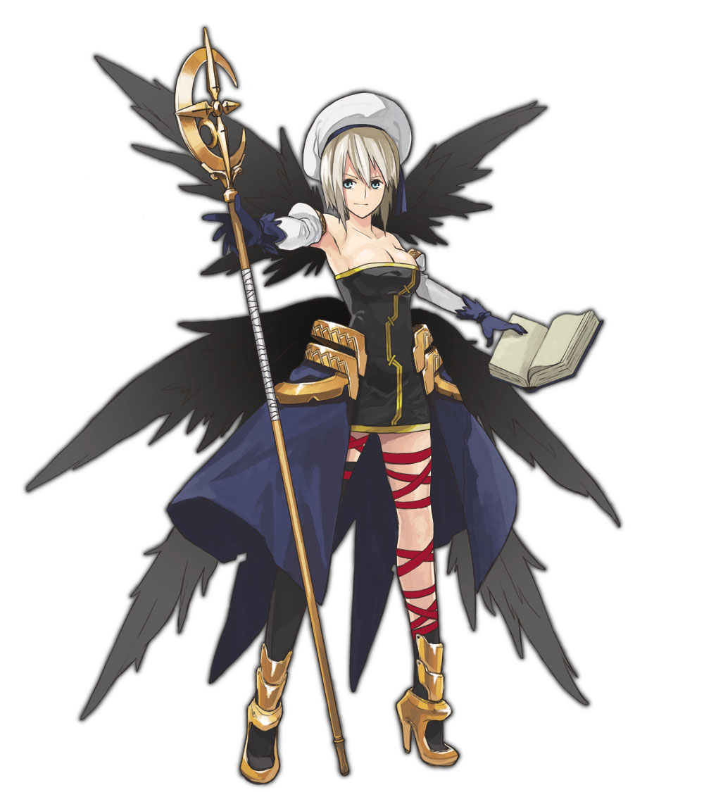 shirogane (fox), schwertkreuz, tome of the night sky, yagami hayate, lyrical nanoha, mahou shoujo lyrical nanoha, mahou shoujo lyrical nanoha strikers, bad id, bad pixiv id, 00s, alternate costume, asymmetrical clothes, blonde hair, blue eyes, book, short hair, single thighhigh, solo, staff, thighhighs, unison (nanoha), wings