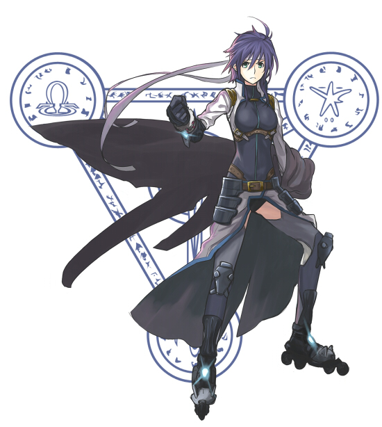 shirogane (fox), mach caliber, revolver knuckle, subaru nakajima, lyrical nanoha, mahou shoujo lyrical nanoha, mahou shoujo lyrical nanoha strikers, bad id, bad pixiv id, 00s, alternate costume, armor, belt, blue eyes, blue hair, headband, inline skates, magic circle, roller skates, short hair, skates, solo, strap