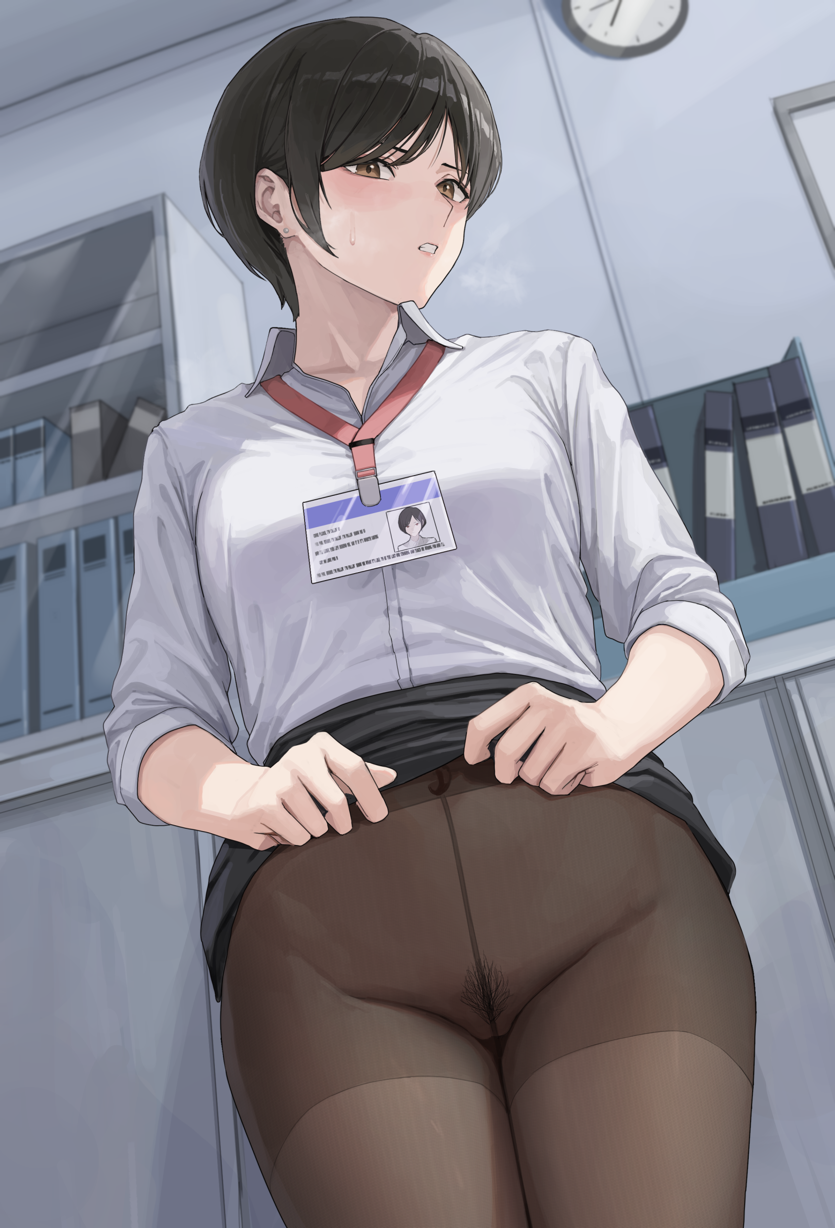 ano (gccx8784), original, absurdres, highres, 1girl, black hair, brown eyes, clenched teeth, clothes lift, collared shirt, earrings, female pubic hair, id card, jewelry, lifting own clothes, looking at viewer, office lady, pantyhose, pubic hair, shirt, short hair, skirt, skirt lift, solo, stud earrings, sweatdrop, teeth, white shirt