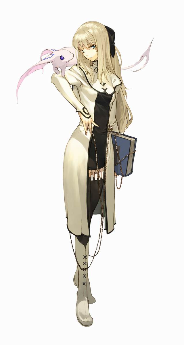 pako (pakosun), cyrille (shining force exa), zhirra, sega, shining (series), shining force exa, highres, 1girl, blonde hair, blue eyes, book, boots, chain, half updo, knee boots, long hair, thighhighs