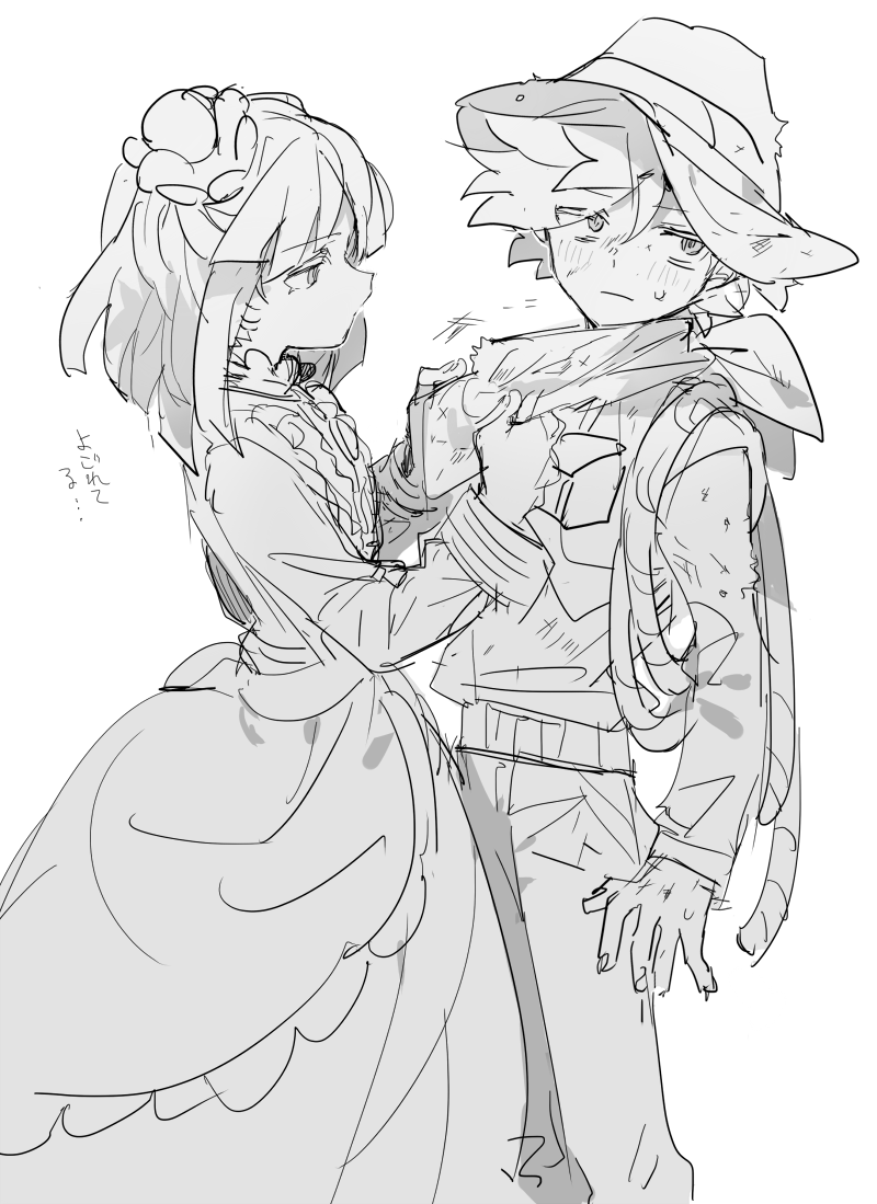 nana (ebitokanimiso), adventurer cookie, blackberry cookie, cookie run, bad id, bad twitter id, inactive account, painttool sai (medium), translation request, 1boy, 1girl, adjusting another's clothes, blush, cowboy shot, dress, flower, gothic lolita, greyscale, hair flower, hair ornament, hat, hetero, humanization, lolita fashion, long sleeves, looking to the side, medium hair, monochrome, pants, rope, short hair, simple background, sketch, standing, sweatdrop, white background