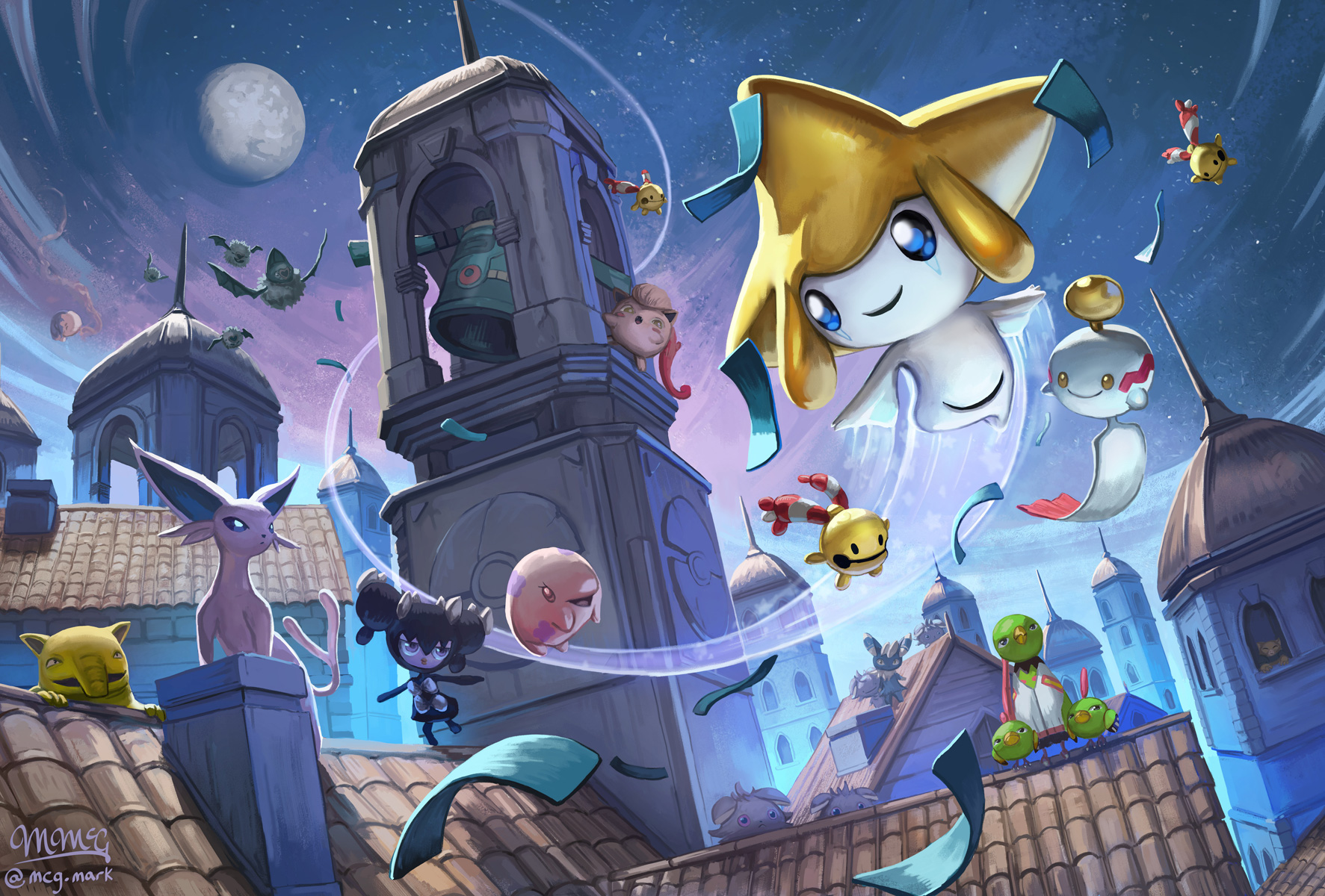 mcgmark, bronzong, chimecho, chingling, drowzee, espeon, espurr, gothorita, jirachi, meowstic, meowstic (male), munna, musharna, natu, scream tail, swoobat, woobat, xatu, nintendo, pokemon, commentary, english commentary, highres, bell tower, blue eyes, building, closed eyes, closed mouth, floating, flying, full moon, gen 1 pokemon, gen 2 pokemon, gen 3 pokemon, gen 4 pokemon, gen 5 pokemon, gen 6 pokemon, instagram username, legendary pokemon, moon, motion lines, mythical pokemon, night, night sky, on roof, open mouth, outdoors, poke ball symbol, pokemon (creature), purple eyes, red eyes, signature, sky, smile, spire, star (sky), starry sky, yellow eyes