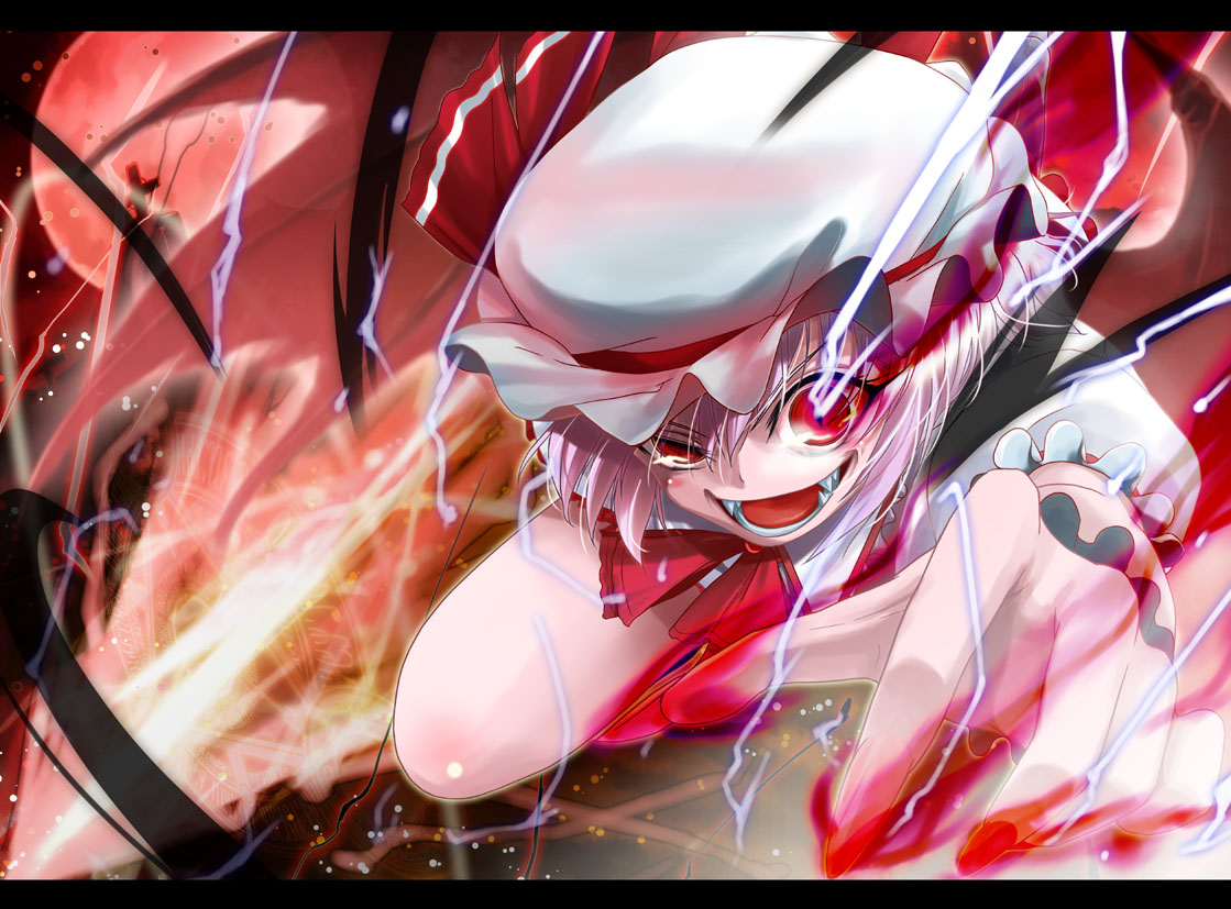 porurin (do-desho), remilia scarlet, touhou, light purple hair, 1girl, bat wings, crazy eyes, crazy smile, cross, eye trail, fangs, female focus, fingernails, glowing, glowing eyes, hat, letterboxed, light trail, magic circle, reaching, reaching towards viewer, red eyes, short hair, slit pupils, smile, solo, uneven eyes, wings