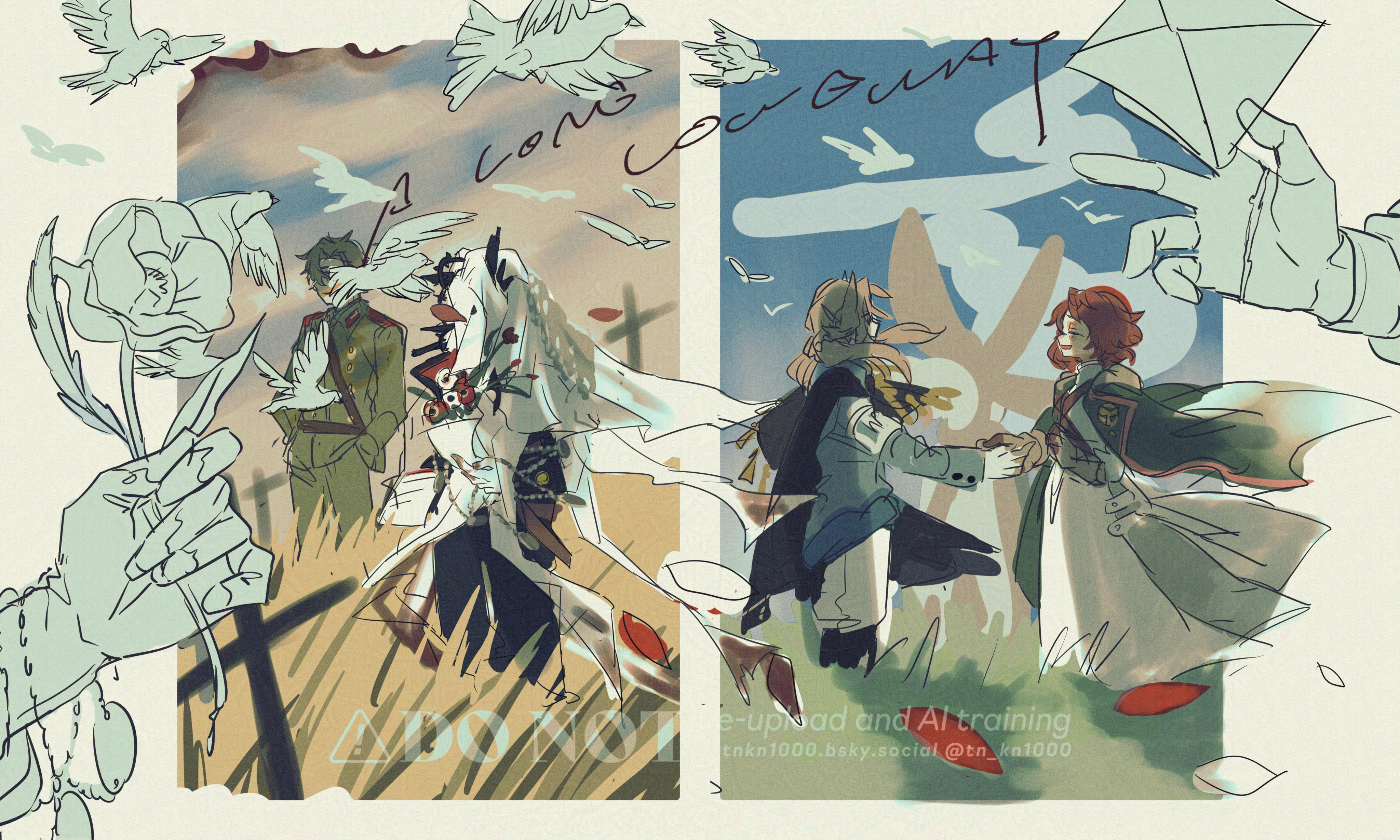 tn kn1000, reverse:1999, absurdres, adversarial noise, highres, 2boys, 2girls, bird, black cape, black coat, blonde hair, blue jacket, border, cape, charon (reverse:1999), coat, coat on shoulders, dress, eberhard braun, envelope, face-to-face, flower, grass, green jacket, green pants, grey border, grey hair, heart, heart hands, holding, holding envelope, holding flower, jacket, marsha (reverse:1999), military uniform, multiple boys, multiple girls, pants, poppy (flower), profile, red flower, sentinel (reverse:1999), short hair, sketch, standing, veil, watermark, white dress, white pants, white veil