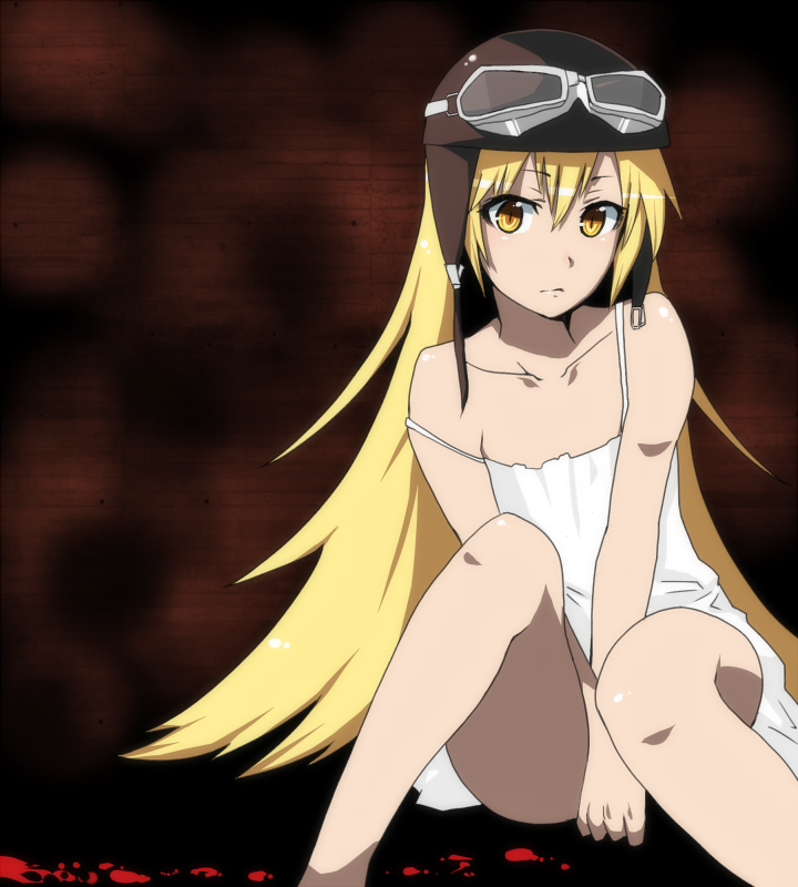 jont, oshino shinobu, bakemonogatari, monogatari (series), bad id, bad pixiv id, 00s, 1girl, blonde hair, blood, brown eyes, collarbone, female focus, flat chest, goggles, long hair, sitting, solo, strap slip