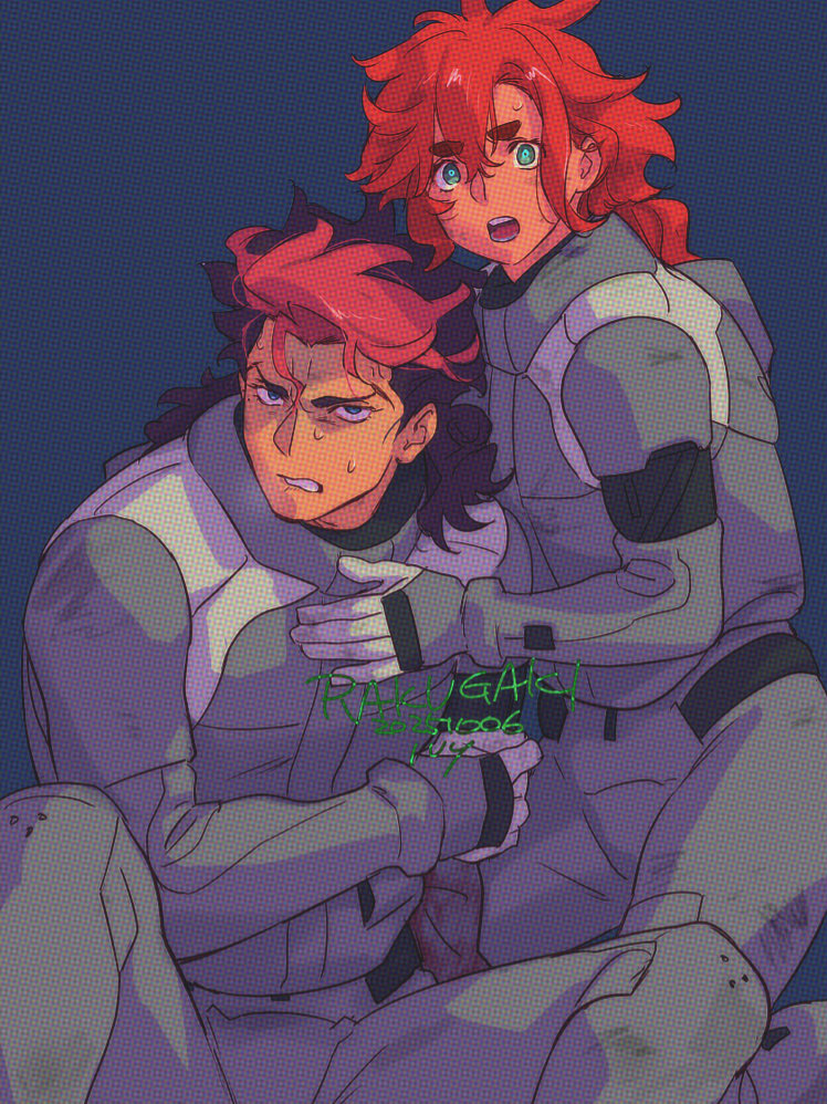 ivy hermit, guel jeturk, suletta mercury, gundam, gundam suisei no majo, commentary request, 1boy, 1girl, aqua eyes, black hair, blue background, blue eyes, clenched teeth, dated, dirty, furrowed brow, hair between eyes, hand on another's chest, injury, long hair, mecha pilot suit, mullet, normal suit (gundam), open mouth, parted lips, pink hair, red eyes, short hair with long locks, spacesuit, sweat, teeth, thick eyebrows