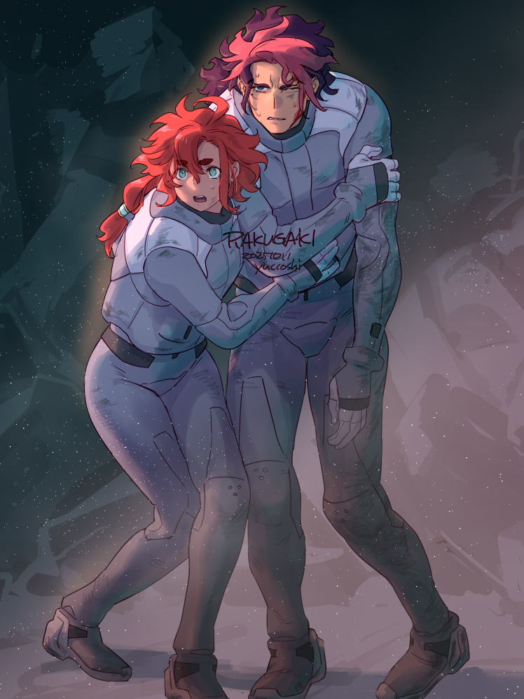 ivy hermit, guel jeturk, suletta mercury, gundam, gundam suisei no majo, 1boy, 1girl, ahoge, aqua eyes, black hair, breasts, clenched teeth, dated, dirty, dirty clothes, dirty face, full body, furrowed brow, hair between eyes, hand on another's stomach, hand on own arm, injury, mecha pilot suit, medium breasts, mullet, multi-tied hair, multicolored hair, normal suit (gundam), one eye closed, open mouth, parted bangs, parted lips, pink hair, red hair, short hair with long locks, spacesuit, sweat, teeth, thick eyebrows, two-tone hair, walking