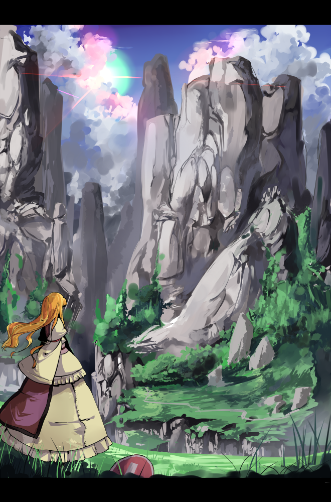 garnet, yakumo yukari, touhou, 1girl, blonde hair, female focus, long hair, no headwear, scenery, solo, tabard
