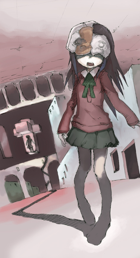 kikai (akita morgue), awara chikako, ga geijutsuka art design class, 00s, 1girl, dutch angle, female focus, saliva, school uniform, shadow, solo, surreal, zombie