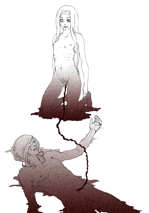 rukuna, allelujah haptism, soma peries, gundam, gundam 00, bad id, bad pixiv id, 00s, 1boy, 1girl, breasts, chain, female pubic hair, flat chest, kneeling, long hair, lying, monochrome, navel, nipples, nude, on back, pubic hair, ribs, short hair, umbilical cord, what