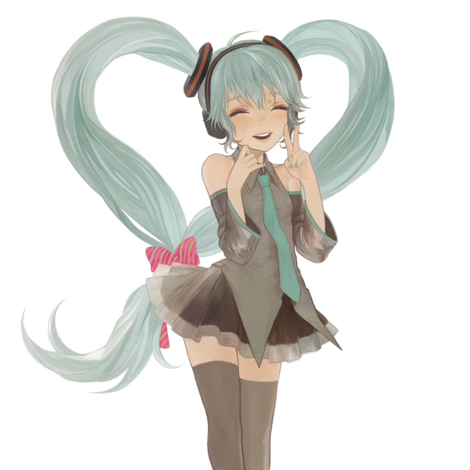 matayoshi, hatsune miku, vocaloid, highres, 1girl, aqua hair, bow, closed eyes, detached sleeves, female focus, headphones, heart, long hair, necktie, ribbon, simple background, skirt, smile, solo, thighhighs, twintails, v, very long hair, white background, zettai ryouiki