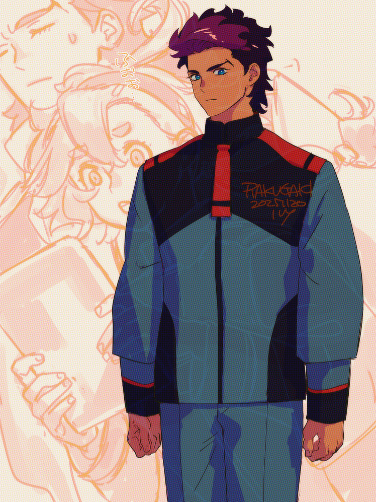 ivy hermit, guel jeturk, suletta mercury, gundam, gundam suisei no majo, commentary request, 1boy, 1girl, ahoge, artist name, asticassia school uniform, black hair, blue eyes, blue jacket, blue pants, closed mouth, cowboy shot, dated, hair between eyes, hairband, jacket, looking at viewer, male focus, multicolored hair, necktie, pants, pink hair, red necktie, school uniform, short hair, solo focus, sweatdrop, thick eyebrows, two-tone hair, upper body