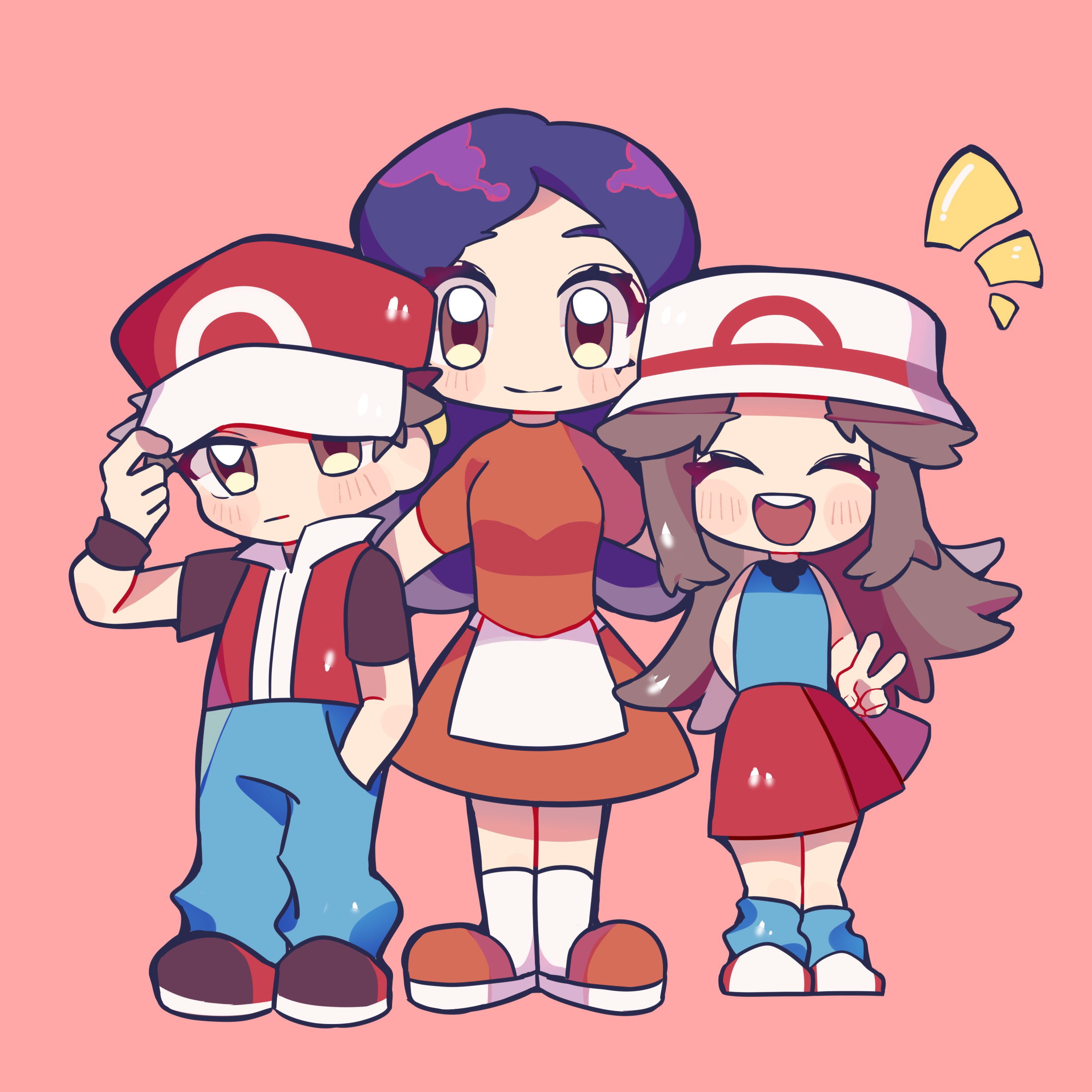 kanto mother (rgby/frlg), leaf (pokemon), red (pokemon), nintendo, pokemon, pokemon frlg, commentary, english commentary, highres, 1boy, 2girls, adjusting clothes, adjusting headwear, aqua shirt, aqua socks, arm behind back, baseball cap, black shirt, blue pants, blush, blush stickers, brown eyes, brown hair, closed eyes, closed mouth, deformed, dress, eyelashes, full body, hand in pocket, hat, long hair, mother and daughter, mother and son, multiple girls, notice lines, open mouth, orange dress, orange shoes, pants, pink background, purple hair, red hat, red shoes, red skirt, red vest, shirt, shoes, short hair, short sleeves, sidelocks, simple background, skirt, sleeveless, sleeveless shirt, socks, standing, teeth, upper teeth only, user vrme3225, v, vest, white hat, white shoes, white socks