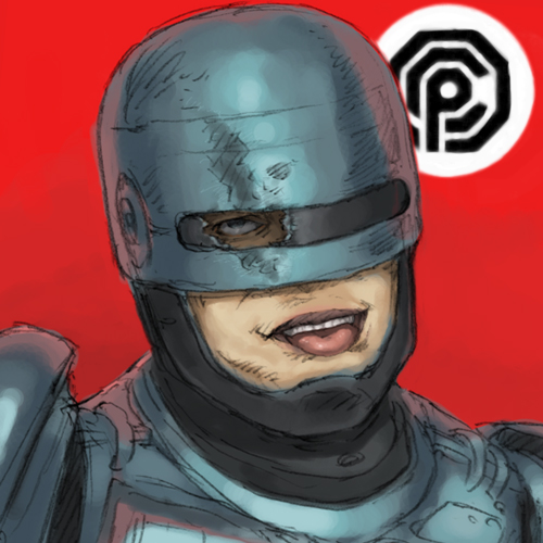 kikai (akita morgue), peter weller, robocop (character), ocp, robocop, lowres, 1boy, ahegao, company logo, cyborg, male focus, parody, red background, simple background, solo, tongue, tongue out, what