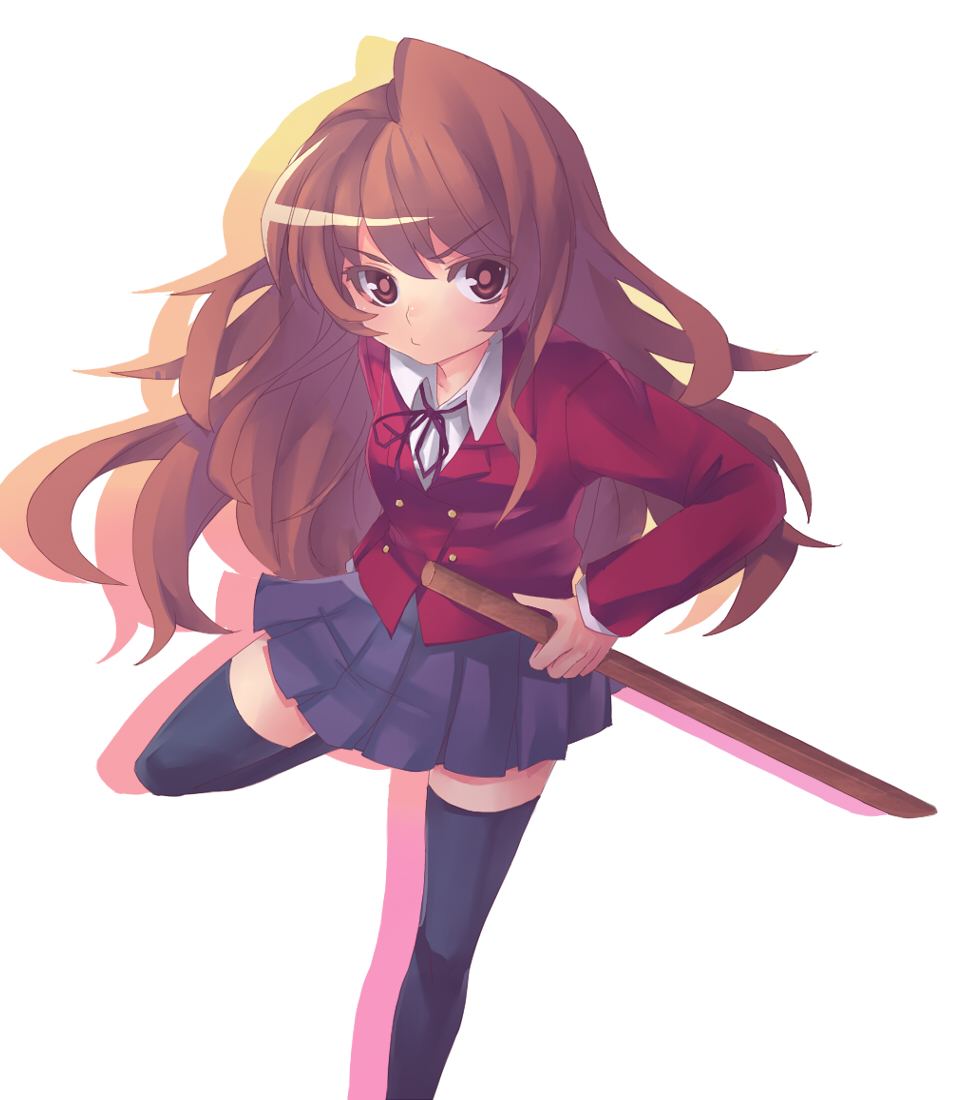hitoto, aisaka taiga, toradora!, bad id, bad pixiv id, 00s, 1girl, bokken, brown eyes, brown hair, colored eyelashes, eyelashes, female focus, frown, long hair, school uniform, solo, standing, standing on one leg, sword, thighhighs, weapon, wooden sword
