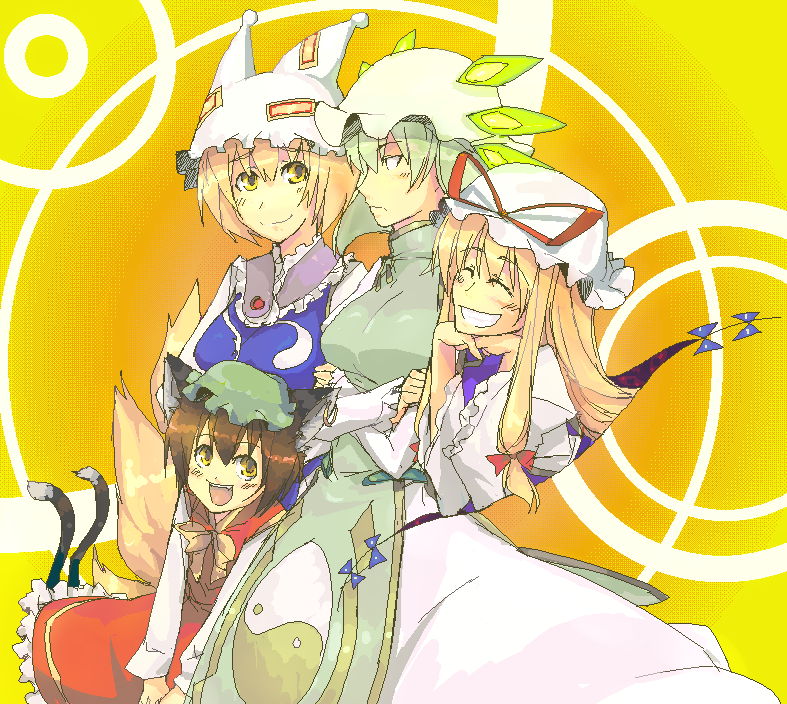 kusanagi kaoru, chansey, chen, yakumo ran, yakumo yukari, nintendo, pokemon, touhou, bad id, bad pixiv id, 4girls, animal ears, animal hat, blonde hair, brown hair, cat ears, cat girl, cat tail, closed eyes, earrings, female focus, fox tail, gap (touhou), gen 1 pokemon, green eyes, grey eyes, grin, hat, hat ribbon, jewelry, long hair, long sleeves, mob cap, multiple girls, multiple tails, pokemon (creature), ribbon, short hair, smile, tail, wide sleeves, yellow eyes, yin yang