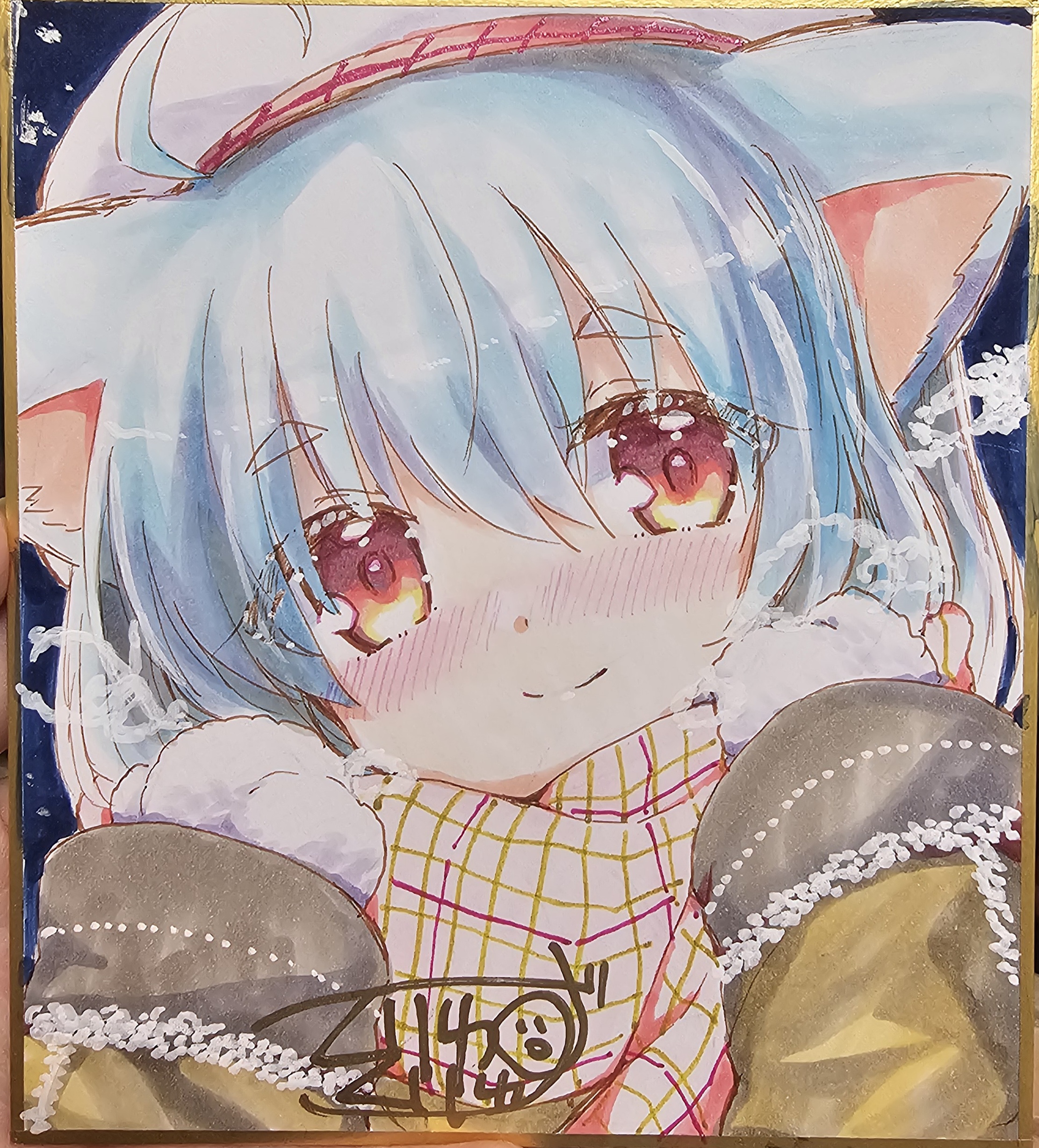 kuriyuzu kuryuu, original, absurdres, commentary request, highres, photo (medium), traditional media, 1girl, ahoge, animal ears, beret, blue hair, blush, brown coat, closed mouth, coat, hands up, hat, long sleeves, looking at viewer, nose blush, red eyes, scarf, shikishi, short eyebrows, smile, solo, thick eyebrows, upper body, white hat, white scarf