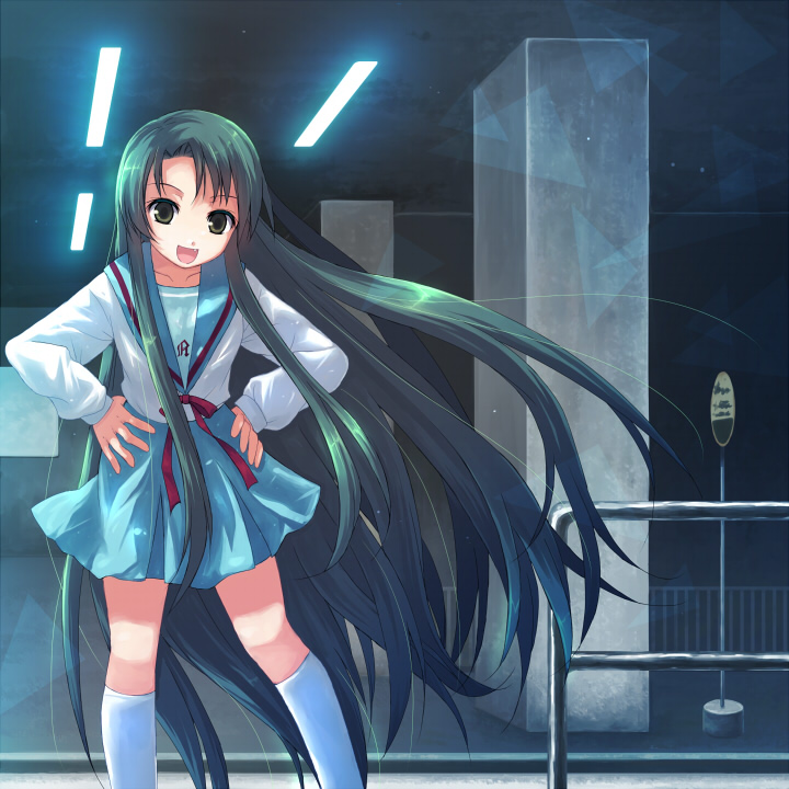 yakka, tsuruya, suzumiya haruhi no yuuutsu, 00s, fang, green hair, hands on own hips, long hair, school uniform, serafuku, very long hair, yellow eyes