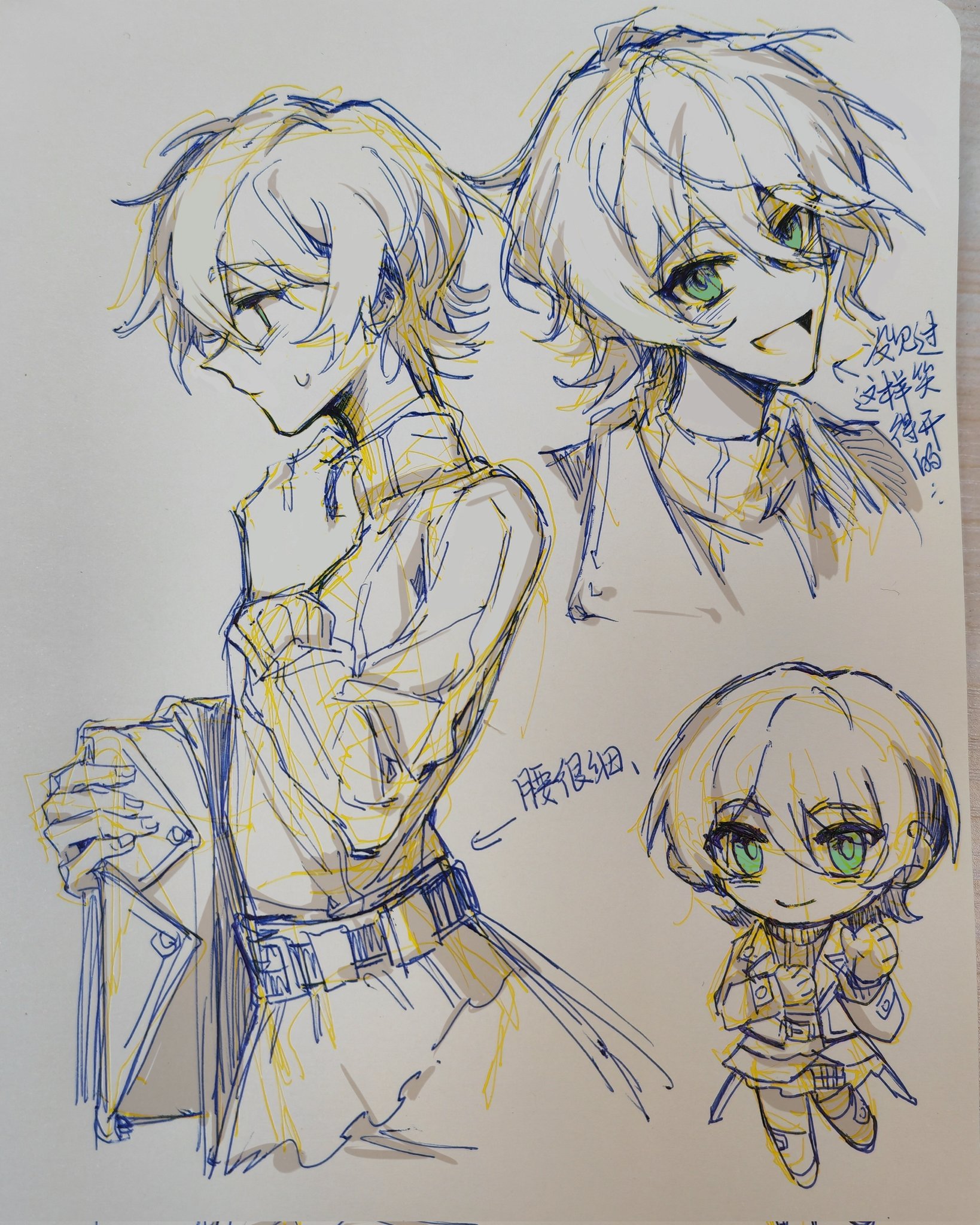 yrxy settingsun, harumiya yukuri, ikizulive! love live! bluebird, love live!, commentary, english commentary, highres, pen (medium), traditional media, translation request, 1girl, :d, arrow (symbol), chinese text, closed mouth, green eyes, greyscale, holding, holding jacket, holding unworn clothes, jacket, looking at viewer, miniskirt, monochrome, multiple views, open clothes, open jacket, open mouth, short hair, simple background, skirt, smile, spot color, sweatdrop, sweater, turtleneck, turtleneck sweater, unworn jacket, white background