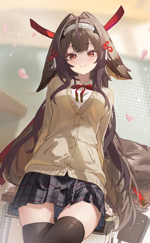 ye shunguang, zenless zone zero, commentary, english commentary, redrawn, 1girl, alternate costume, animal ears, black thighhighs, blush, breasts, brown cardigan, brown hair, brown tail, cardigan, chalkboard, closed mouth, clover, clover hair ornament, cowboy shot, desk, droopy ears, fox ears, fox girl, fox tail, grey skirt, hair intakes, hair ornament, hairband, indoors, leaning on table, long hair, looking at viewer, mashaer1548298, medium breasts, red eyes, school, school uniform, shirt, skirt, smile, solo, tail, thighhighs, very long hair, white hairband, white shirt