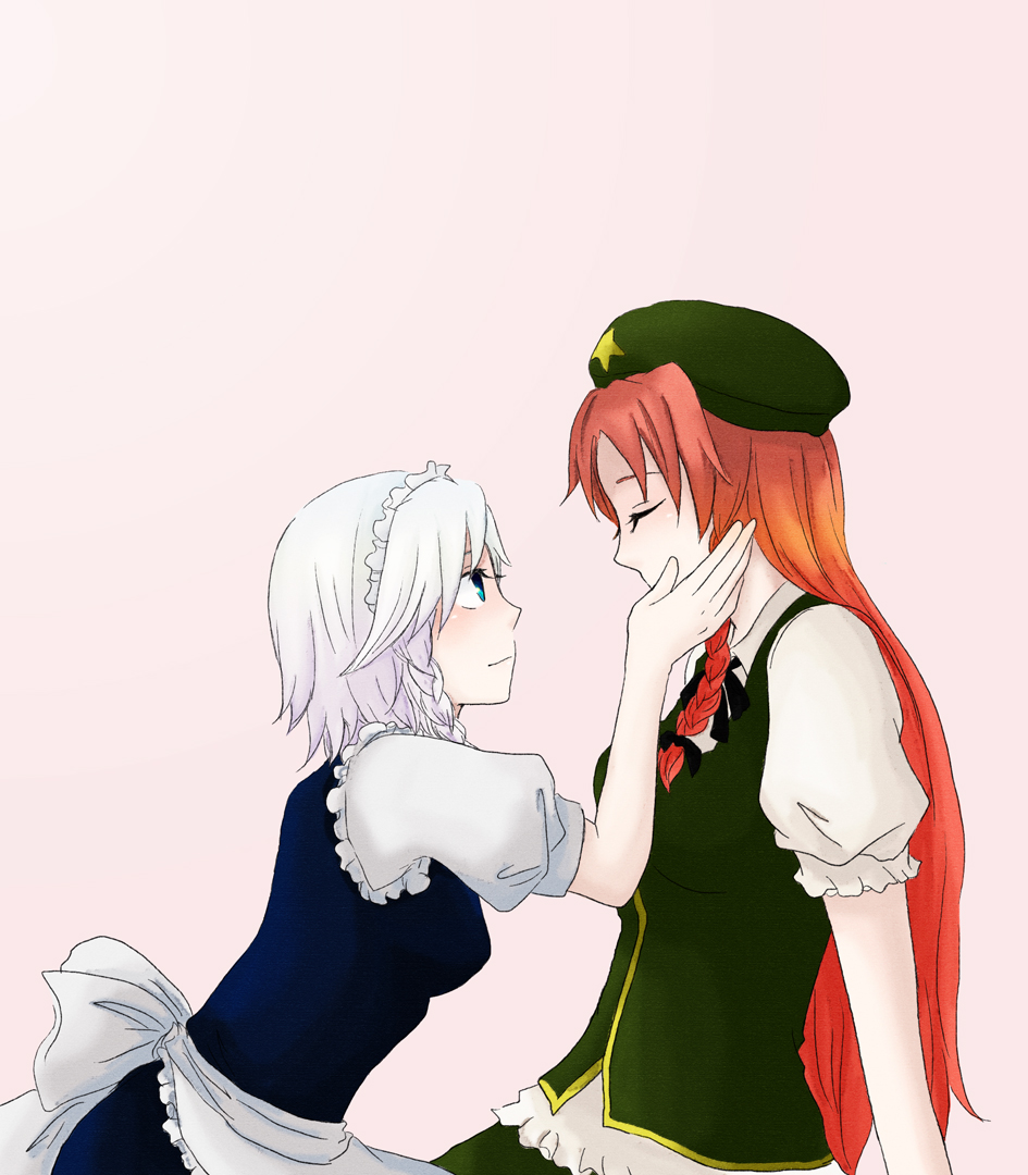 hyc, moshikuha hiyako, hong meiling, izayoi sakuya, embodiment of scarlet devil, touhou, silver hair, bad id, bad pixiv id, 2girls, blue eyes, female focus, hand on another's cheek, hand on another's face, hat, long hair, multiple girls, red hair, short hair, sleeping