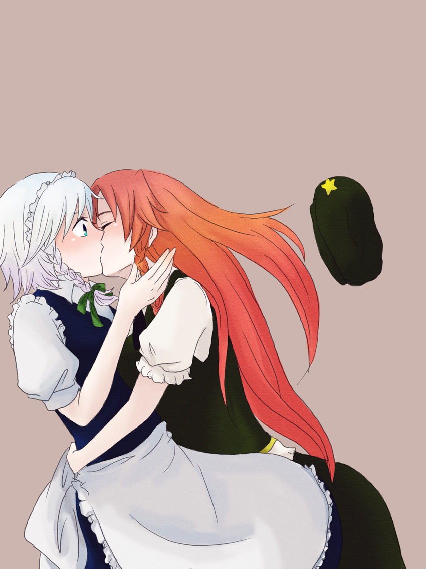 hyc, moshikuha hiyako, hong meiling, izayoi sakuya, embodiment of scarlet devil, touhou, silver hair, bad id, bad pixiv id, 2girls, blue eyes, braid, female focus, hat, kiss, long hair, maid, multiple girls, red hair, short hair, single braid, surprised, unworn hat, unworn headwear, yuri