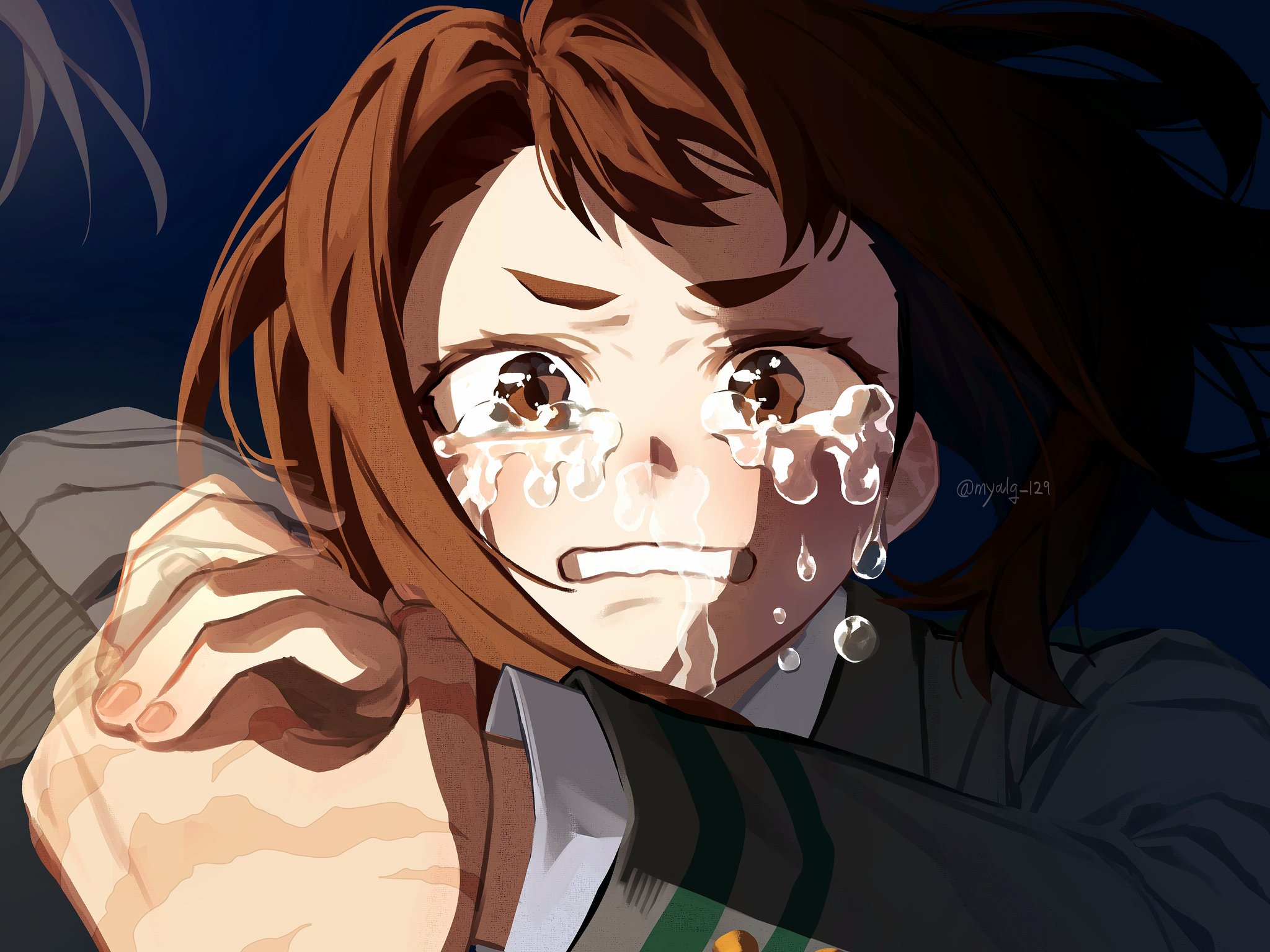 midoriya izuku, toga himiko, uraraka ochako, boku no hero academia, highres, 1boy, 2girls, brown eyes, brown hair, clenched teeth, crying, crying with eyes open, floating hair, ghost, holding hands, looking at viewer, medium hair, multiple girls, myalg 129, night, pov, pov hands, scene reference, school uniform, short eyebrows, snot trail, tears, teeth, twitter username, u.a. school uniform