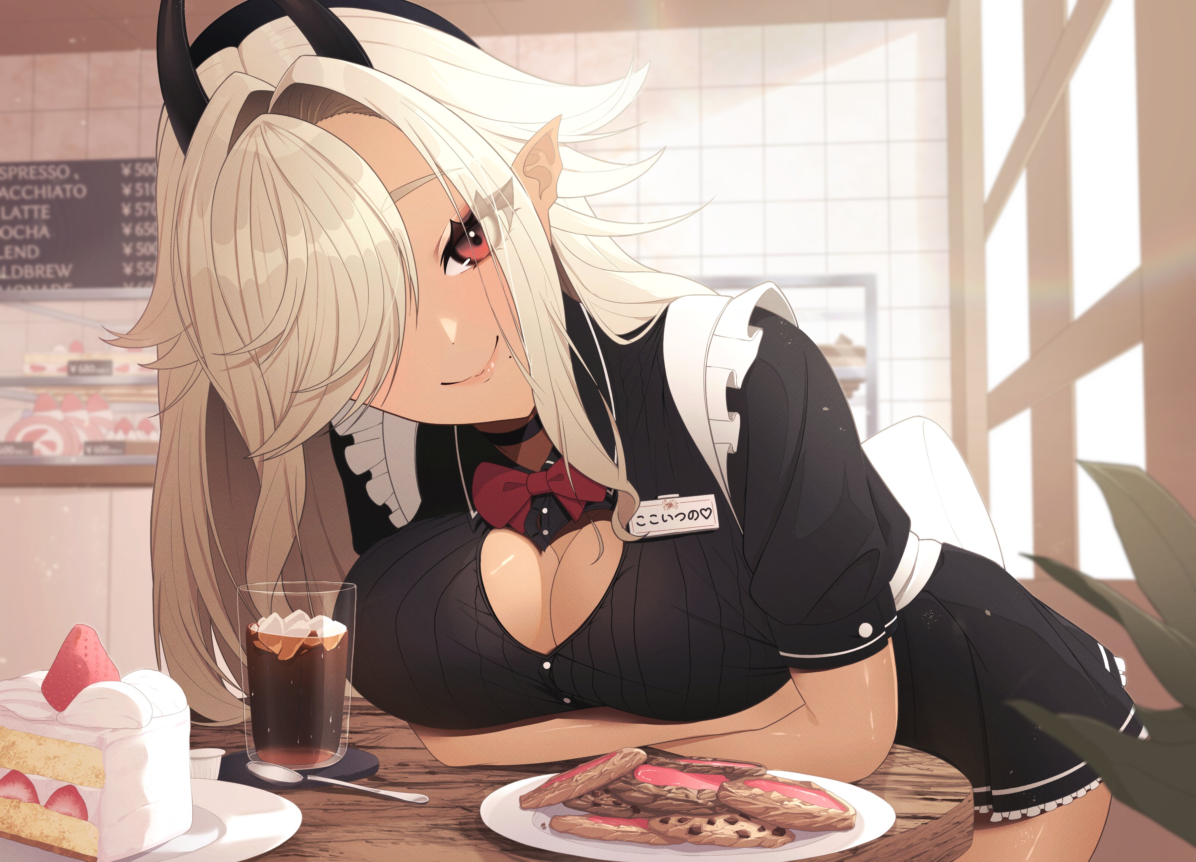 inuko inudog, indie virtual youtuber, absurdres, commission, highres, skeb commission, 1girl, black choker, black dress, black hat, black horns, bow, bowtie, breasts, cafe, cake, cake slice, choker, cleavage, cookie, cup, dress, drinking glass, food, fruit, grey hair, hair over one eye, hat, horns, kokoi tuno, long hair, looking at viewer, mole, mole under mouth, name tag, plate, pointy ears, red bow, red bowtie, red eyes, solo, spoon, strawberry, table, virtual youtuber, waitress