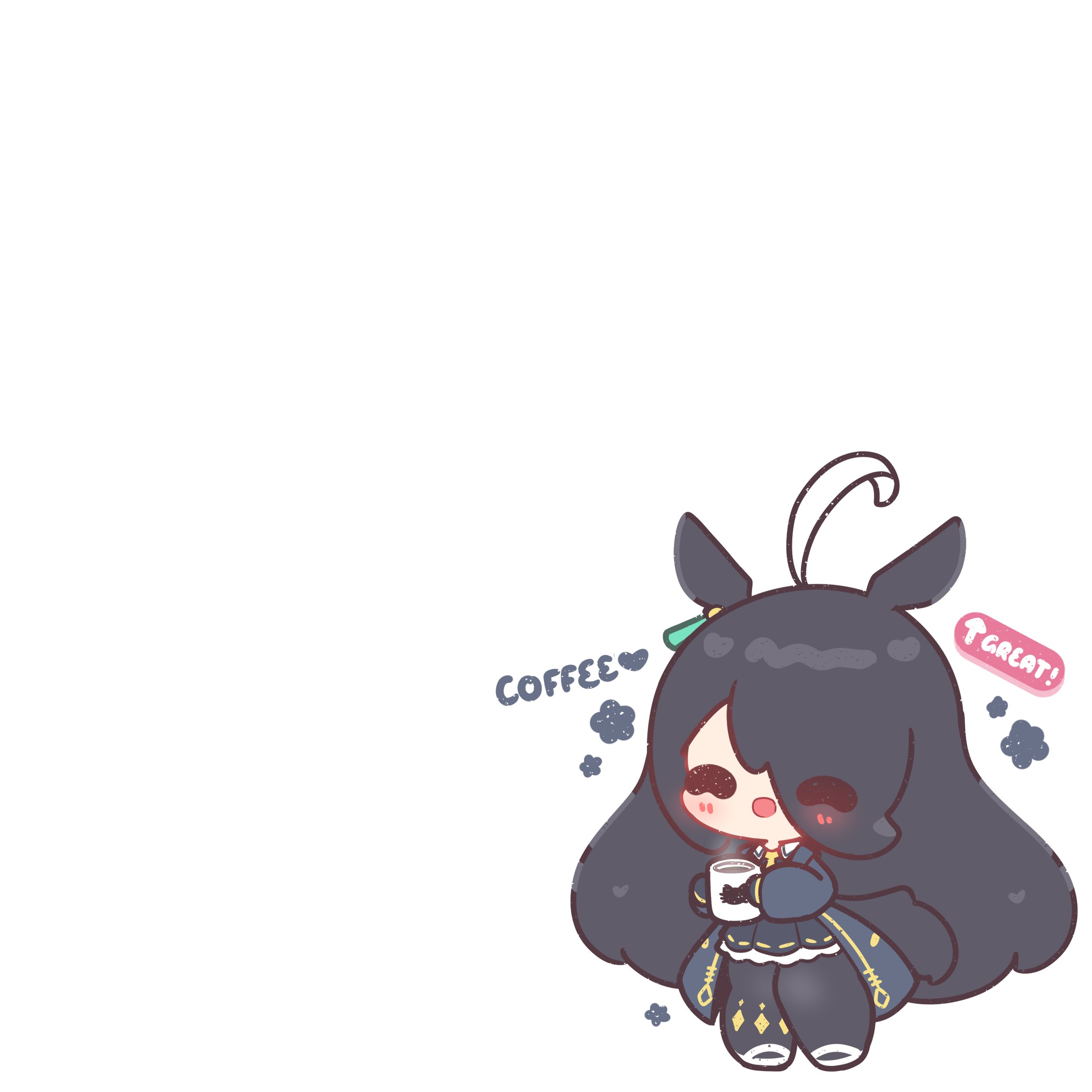decrilus, manhattan cafe (creeping black) (umamusume), manhattan cafe (umamusume), umamusume, absurdres, commentary, english commentary, highres, 1girl, ahoge, animal ears, black coat, black gloves, black hair, black pantyhose, black shirt, blush, chibi, chibi only, closed eyes, coat, coffee mug, collared shirt, cup, ear tag, earrings, gloves, hair between eyes, holding, holding cup, horse ears, horse girl, horse tail, jewelry, long bangs, long hair, long hair between eyes, long sleeves, mood (umamusume), mug, multicolored hair, necktie, open mouth, pantyhose, shirt, single earring, skirt, smile, solo, steaming cup, tail, very long hair, white hair, yellow necktie