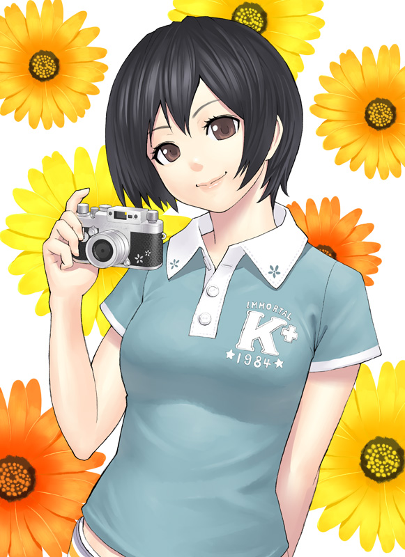 k+, original, 1girl, black hair, brown eyes, camera, female focus, flower, solo