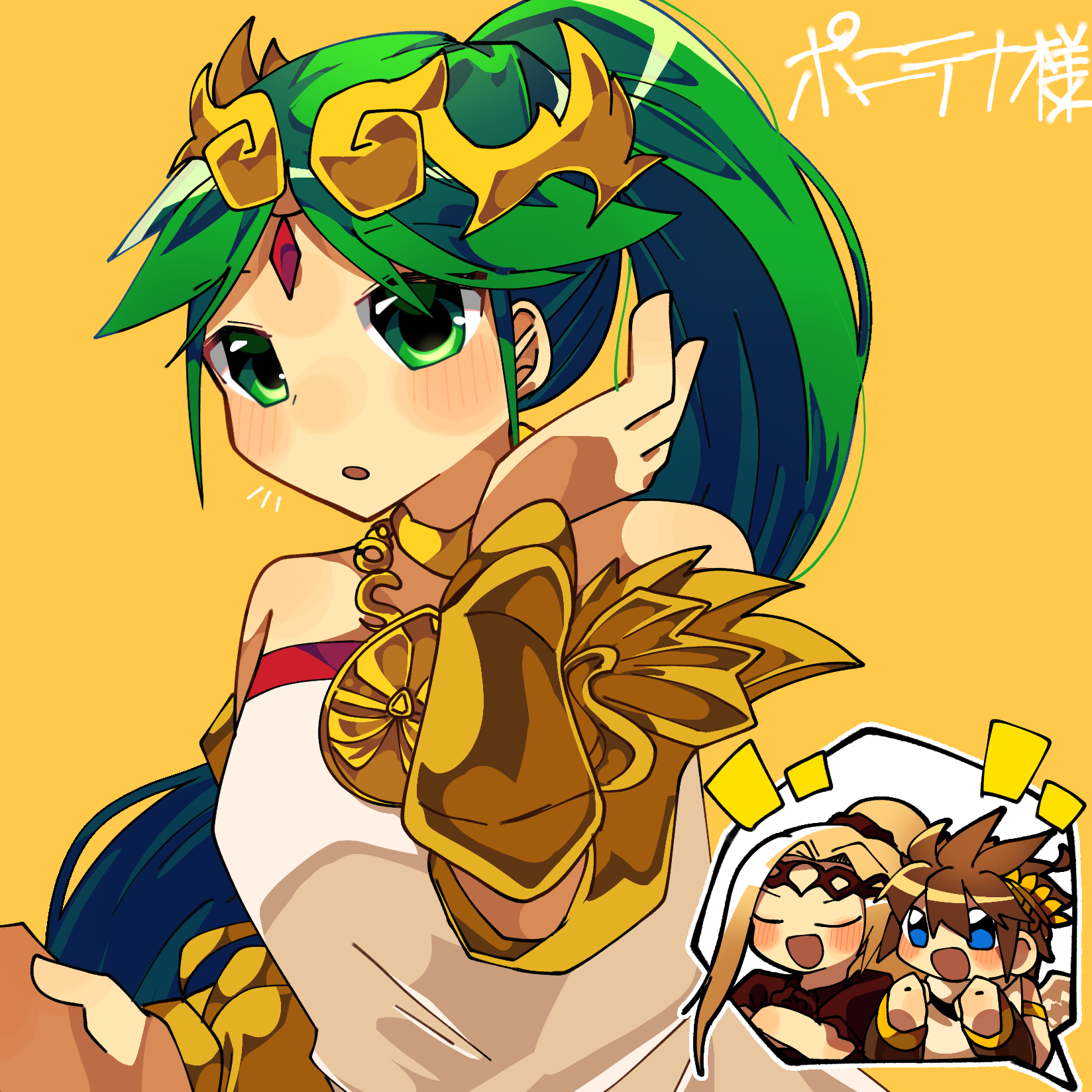 ritomasu (crsk4373), palutena, pit (kid icarus), viridi, kid icarus, kid icarus uprising, nintendo, highres, 1boy, 2girls, alternate hairstyle, blonde hair, blue eyes, brown hair, circlet, closed eyes, green eyes, green hair, multiple girls, open mouth, ponytail, simple background, yellow background