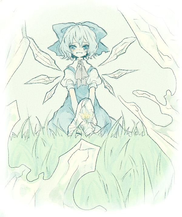 shiina aya, cirno, embodiment of scarlet devil, touhou, 1girl, dress, female focus, ice, pinafore dress, sleeveless, sleeveless dress, solo, tears