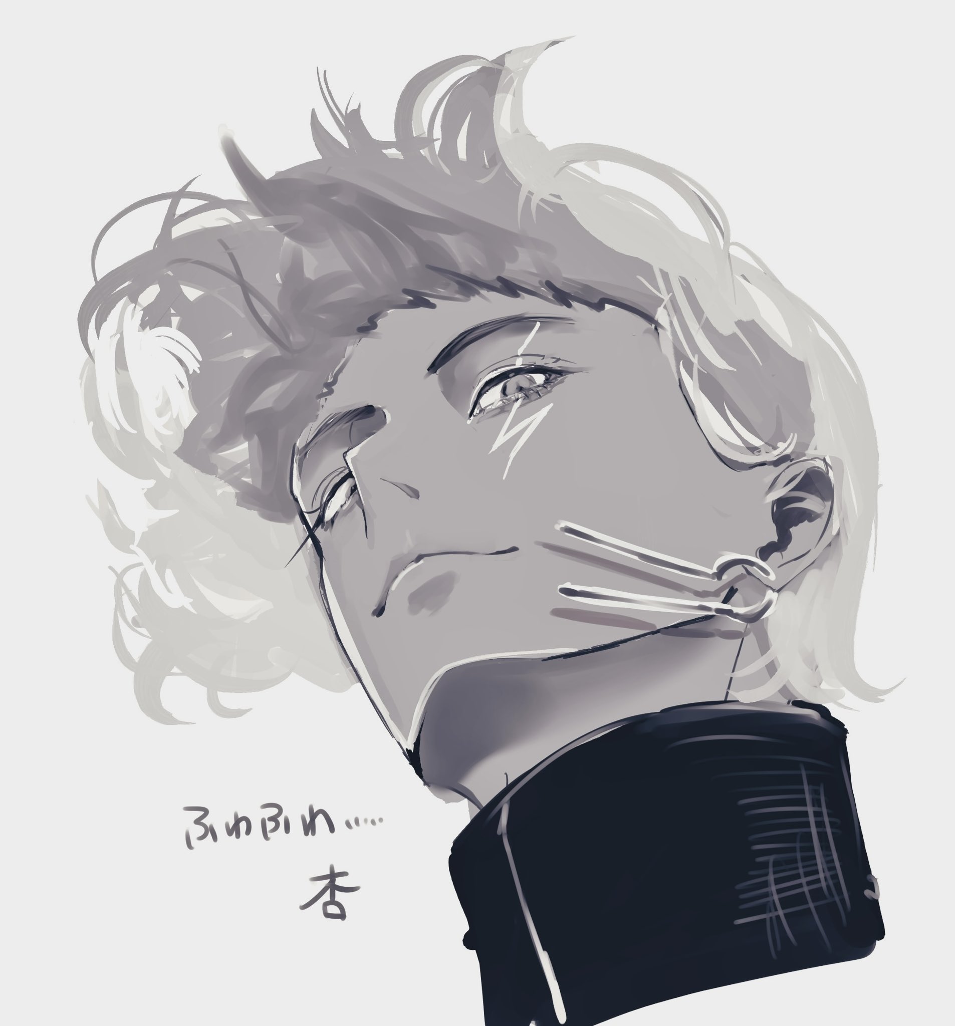 indra (fate), fate/grand order, fate (series), highres, 1boy, annzu 127, cropped head, earrings, facial mark, floating hair, from below, greyscale, high collar, jewelry, lightning bolt symbol, looking at viewer, looking down, monochrome, short hair, smile, solo